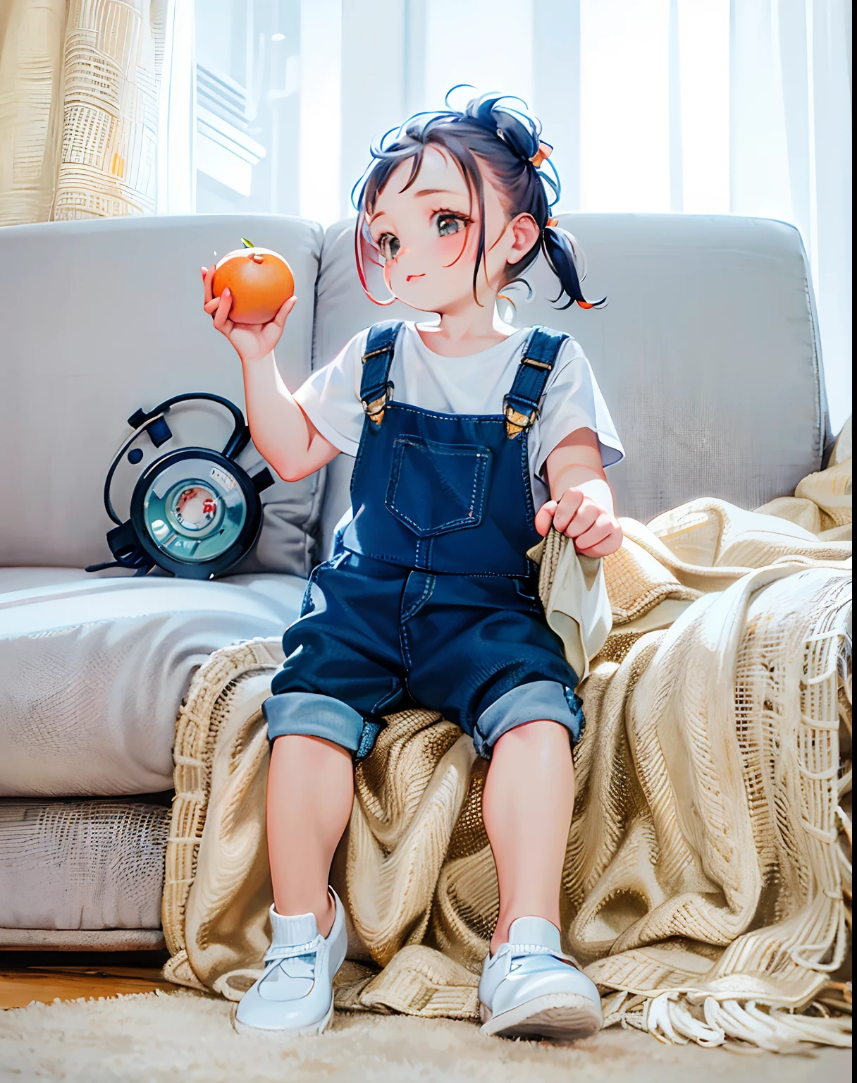 There was a  girl sitting on the sofa，Holding an orange in his hand, wearing blue jean overalls, Blue overalls, overalls, Wearing overalls, 2 years uct introduction photos, kid, Torn overalls, Portrait image, wearing a straw hat and overalls, Gamine, Cute young girl, Children, jia,  mini cute style, young child，Animated st