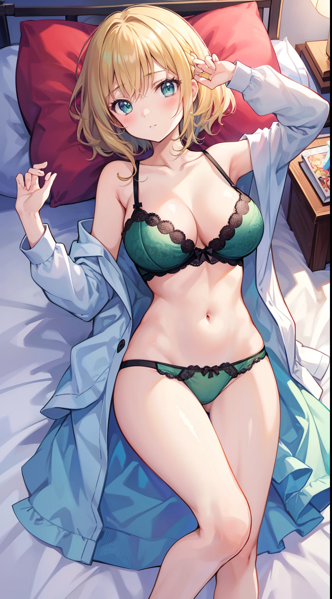 masutepiece、hight resolution、1girl in、in one's underwear only、Dark green lingerie、large full breasts、Lying on your back in bed、Cute anime illustration、