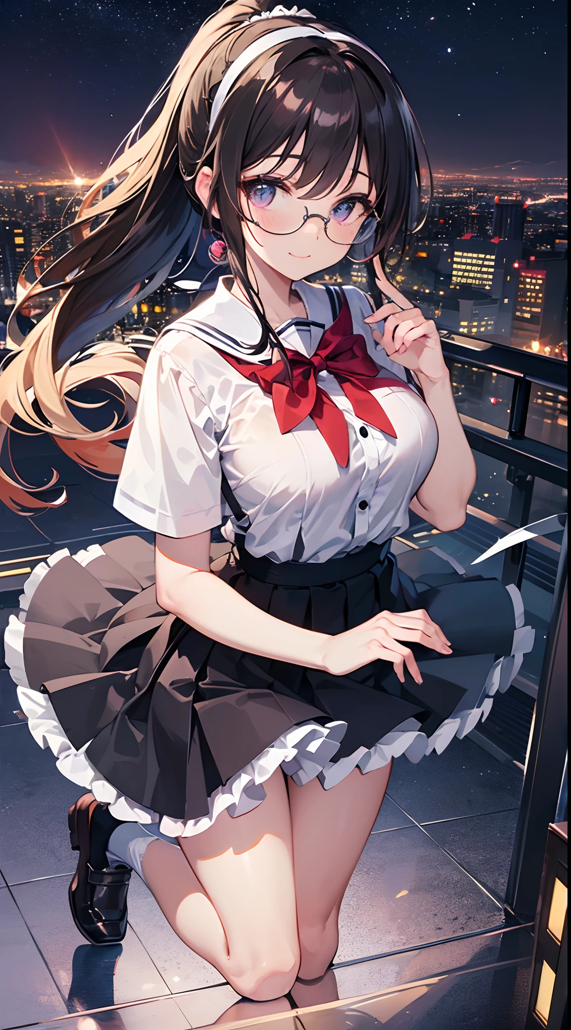 ((masterpiece)), ((best quality)), (ultra-detailed), ((kawaii)), cute, (lovely), ((extremely detailed)), 4K, (8K), best quality, (beautiful), anime style, look down from above, full body focus, city, Tokyo town, night, Starry sky, a cute girl, 1girl, solo, school uniform, beautiful dark brown hair, beautiful purple eyes, ((beautiful eyes)), white-skinned, ponytail, transparent hair, translucent hair, large breast, horseshoe-shaped hairband, glasses, light smile, neon light, wind effect, reflection effect