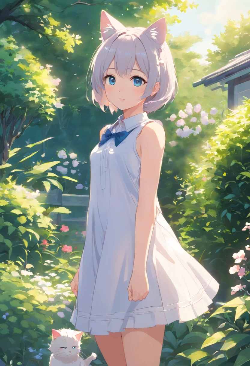 best quality, absurdres,1girl, white hair, silver hair, ahoge, blunt bangs, puffy hair, short hair, messy hair, short, blue eyes, yellow camisole, shorts, choker, (thick thighs:0.4),standing, cowboy shot, looking at viewer, outdoors, park, garden, trees, flowers, sunny, soft sunlight, morning glow, small breasts, flat chest