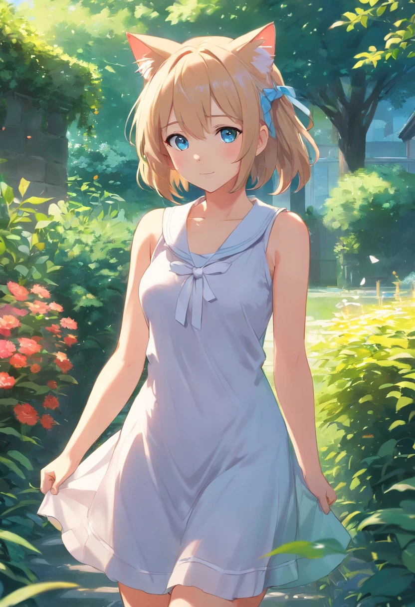 Cat-eared girl in white dress standing in garden, Break,silber hair,eBlue eyes,(((Sleeveless))),Hang laundry to dry,loli in dress, small curvaceous loli, Guviz-style artwork, Guweiz in Pixiv ArtStation, Guviz, small loli girl, Soft anime illustration, Anime visuals of cute girls, detailed digital ,Heteropupil