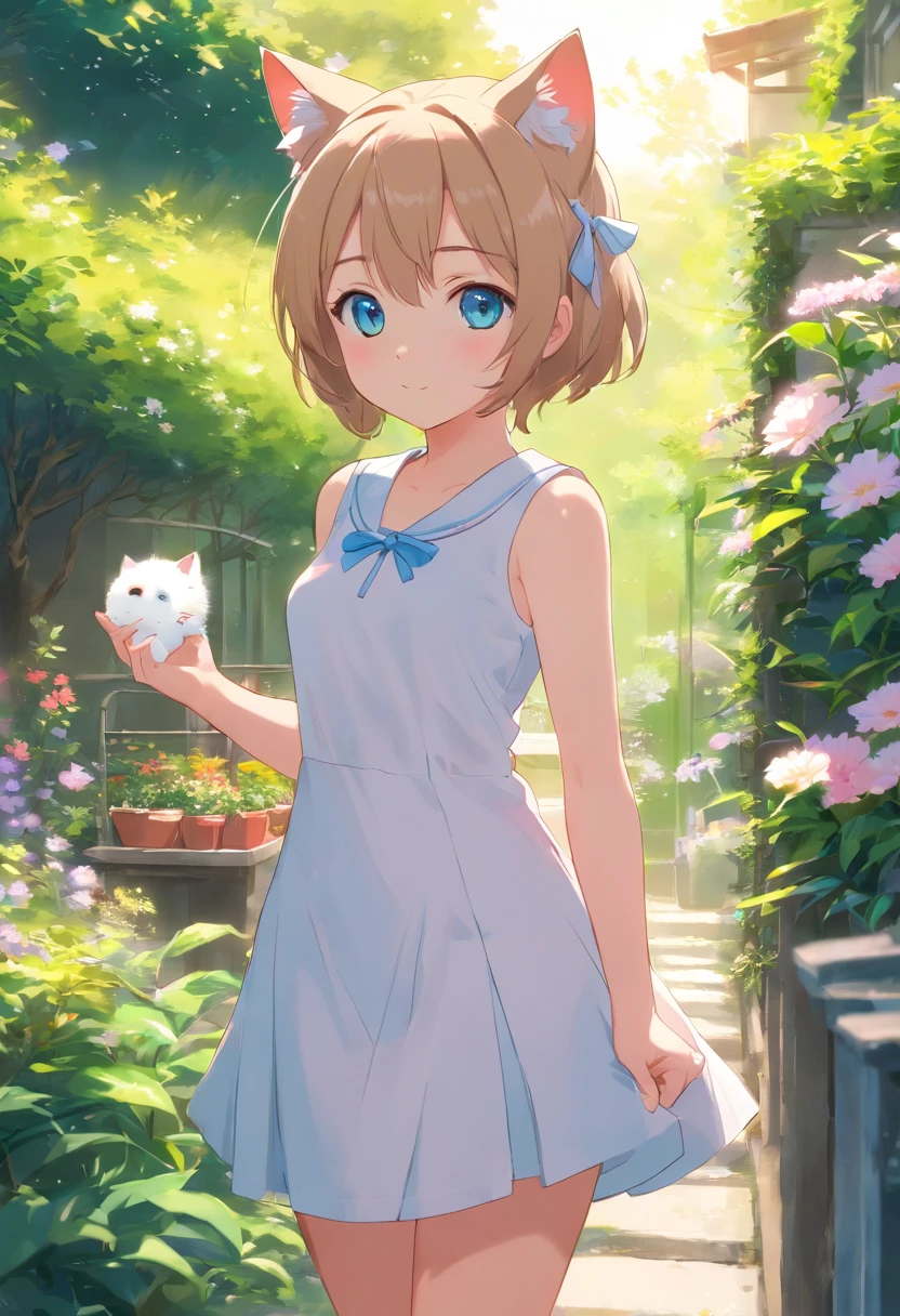 Cat-eared girl in white dress standing in garden, Break，silber hair，eBlue eyes，(((Sleeveless)))，Hang laundry to dry，loli in dress, small curvaceous loli, Guviz-style artwork, Guweiz in Pixiv ArtStation,  Guviz, small loli girl, Soft anime illustration, Anime visuals of cute girls, detailed digital ，Heteropupil