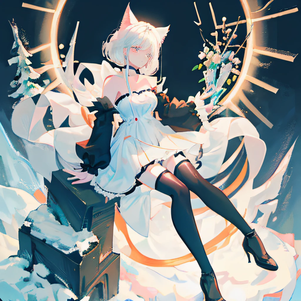 1girl, snow white hair, hair to ankles, ruffled hair, hime fringe, pale body, modest breast size, black babydoll lingerie, strapless black bra, black cat ear thighhighs with garterbelt, black lace arm warmers, cat bell choker, grey eyes, 8k, super detail, accurate, best quality, revealing top, black miniskirt, feminine posture, court heels, full body