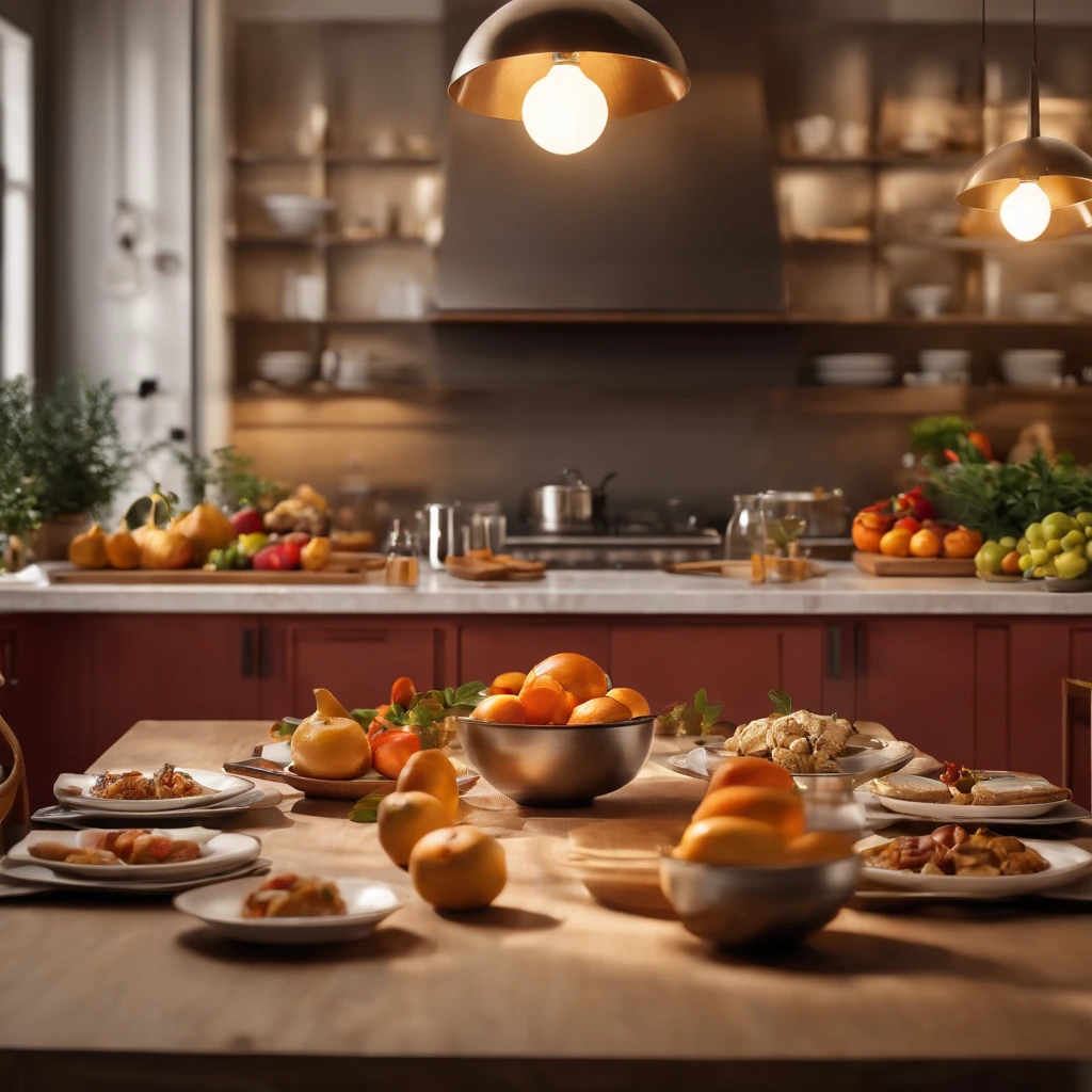A blurred background of a kitchen as a meal on the table takes center stage in this mesmerizing masterpiece. The kitchen scene is meticulously detailed, with every element contributing to the overall ambiance. The table boasts a wide array of delectable dishes artfully arranged, enticingly inviting the viewer's appetite. The kitchen shines with a bright illumination, casting warm and welcoming light over the room.

The artwork is crafted using the highest quality materials and techniques, resulting in an 8k high-resolution masterpiece. The attention to detail is unparalleled, showcasing every intricate texture and color with utmost clarity and precision. The realism achieved is truly astonishing, immersing the viewer into the scene as if they were standing right there.

The color palette is carefully chosen, emphasizing the vibrant hues of the ingredients and creating a sense of liveliness. The warm tones of the kitchen's wooden surfaces add a cozy and inviting touch, while pops of vibrant colors from fresh produce and spices bring the scene to life.

To enhance the overall visual experience, the kitchen is illuminated with a bright light source, casting gentle shadows and highlighting the captivating details of the scene. The lighting creates depth and dimension, further enhancing the realistic atmosphere of the artwork.

In this obra-prima, the viewer is transported to a serene and inviting kitchen, where aromas waft through the air and flavors mingle on the table. It is a feast for the senses, a celebration of culinary delights captured with utmost precision and brought to life with immersive realism.

(tags: kitchen, meal on the table, blurred background, obra-prima, 8k high resolution, melhor qualidade, Ultra Definition, Ultra realista, Foto RAW, Foto realista, bright illumination)