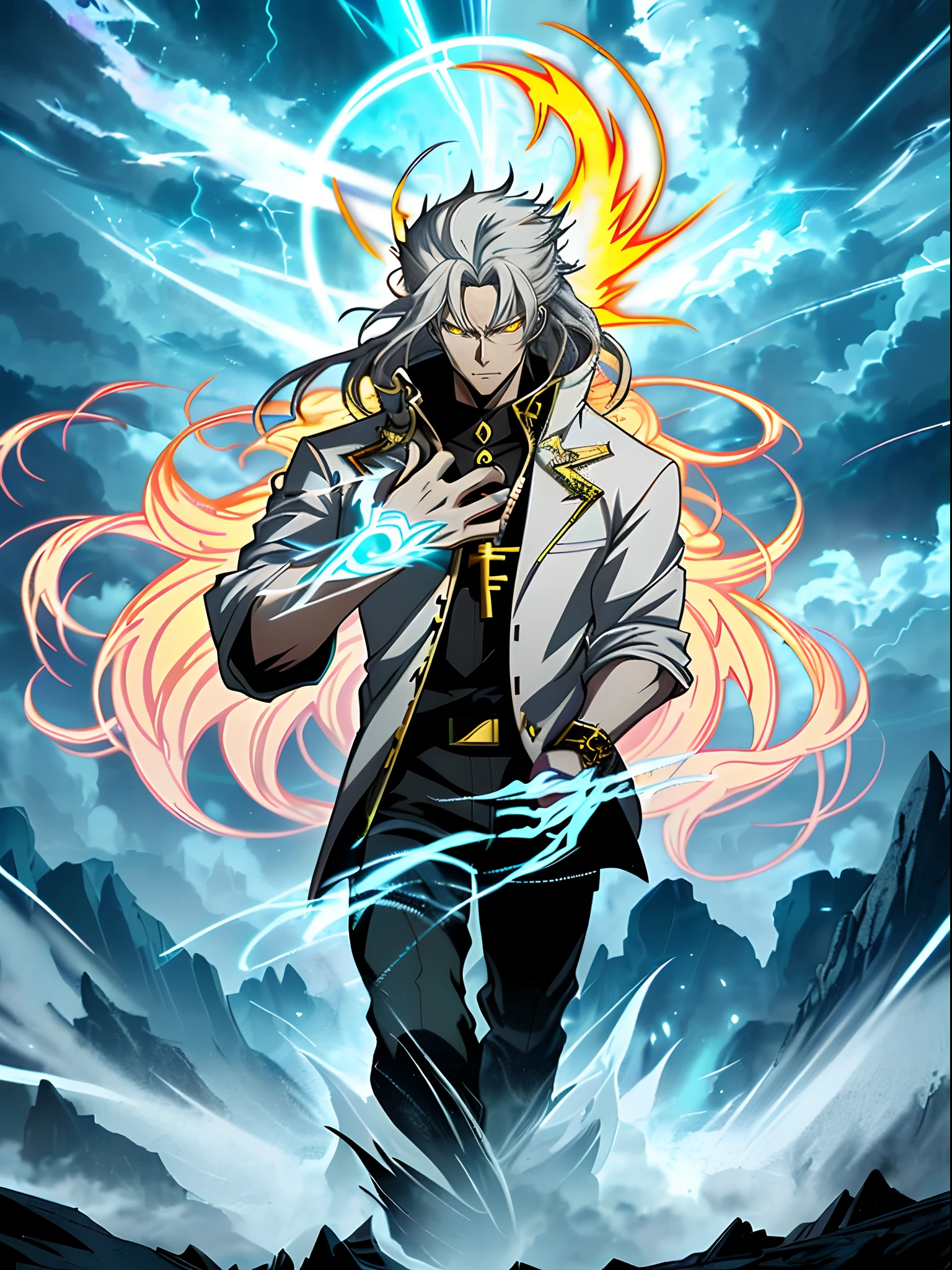 White long-haired anime character, Yellow eyes stand in front of Lightning,White clothes, Detailed key anime art, Key anime art, detailed anime character art, handsome guy in demon killer art, full art, high detailed official artwork, anime artsyle, offcial art, detailed anime art, Demon King