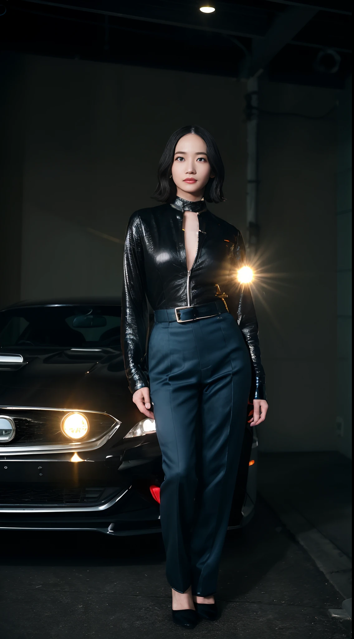 (side lights、Photorealsitic、Beautiful Eyes of Details:1.2)、portlate、realisitic、3D顔、shinny skin、(masterpiece、top-quality、beautiful quality、Look at viewers、Detailed Lighting、shadowy、8K:1.4)、women's pictures、独奏、细致背景、circuit、is standing、1girl in、Race Queen Woman、highleg、Ayano Omoto、Slimmer style、large full breasts、racing car