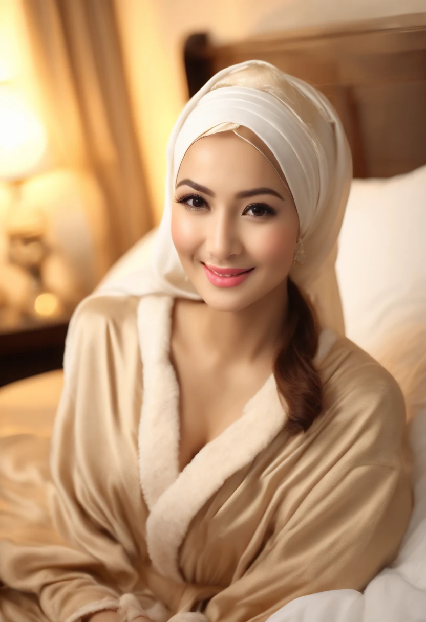 ((1 young and beautiful girl: 1.2)), (8k, RAW photo, top quality, masterpiece: 1.2), high-definition RAW color photo, professional photo, cinematic light, (fine face: 1.2), (masterpiece: 1.5), (best quality: 1.2), (smile: 1.2), (viewer: 1.2), (cleavage: 1.2), smile, slender and beautiful Japan girl, beautiful big breasts, ( wearing a bathrobe: 1.6), (bathrobe with open front), camel toes, no underwear, (lying on bed with legs wide spread: 1.6), camel toe details, cuteness, sexiness, (wearing hijab:1.6)