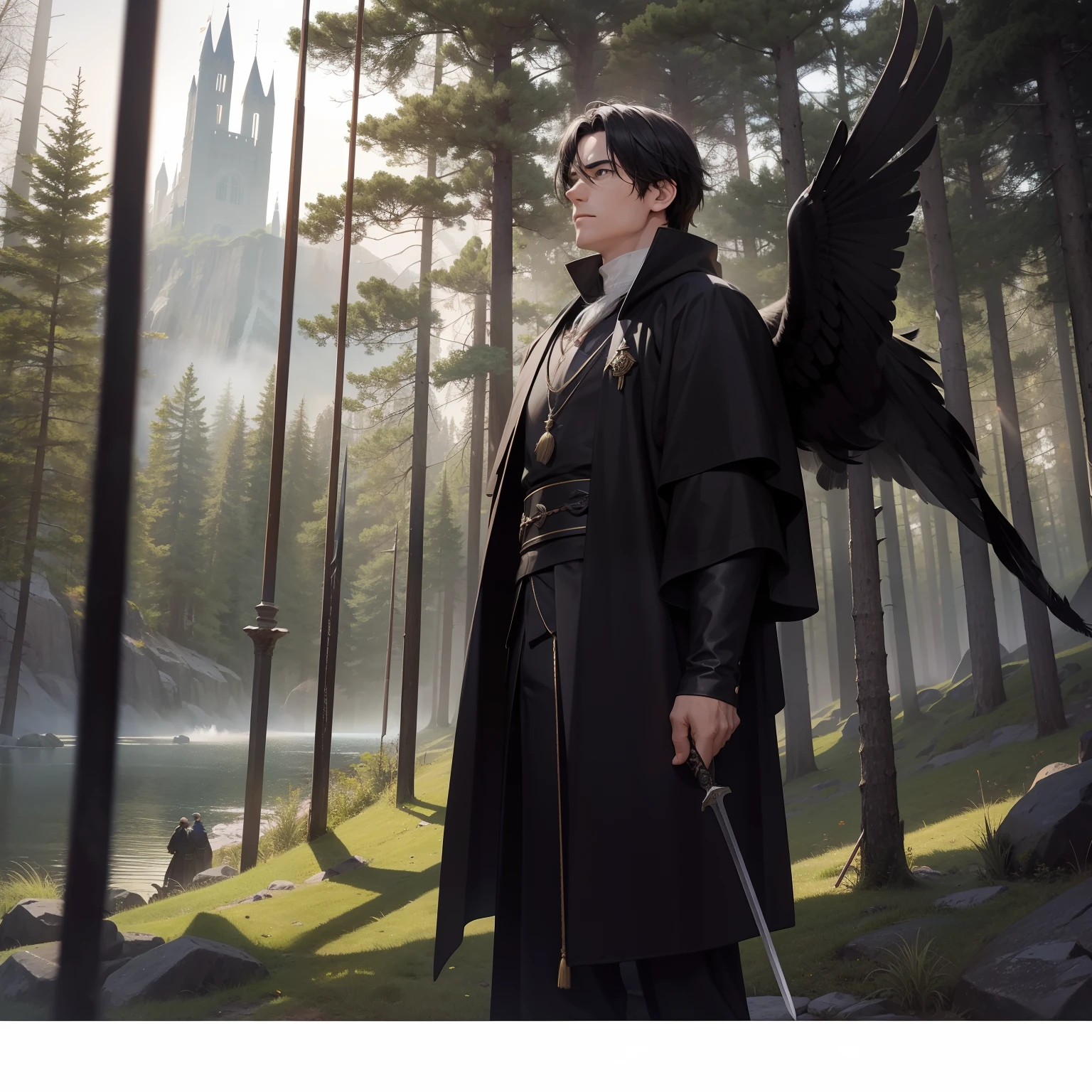 Actor Steven John Ward, black wings with feathers in the shape of swords, in the distance, background of a lodge in the middle of the forest, medieval style.