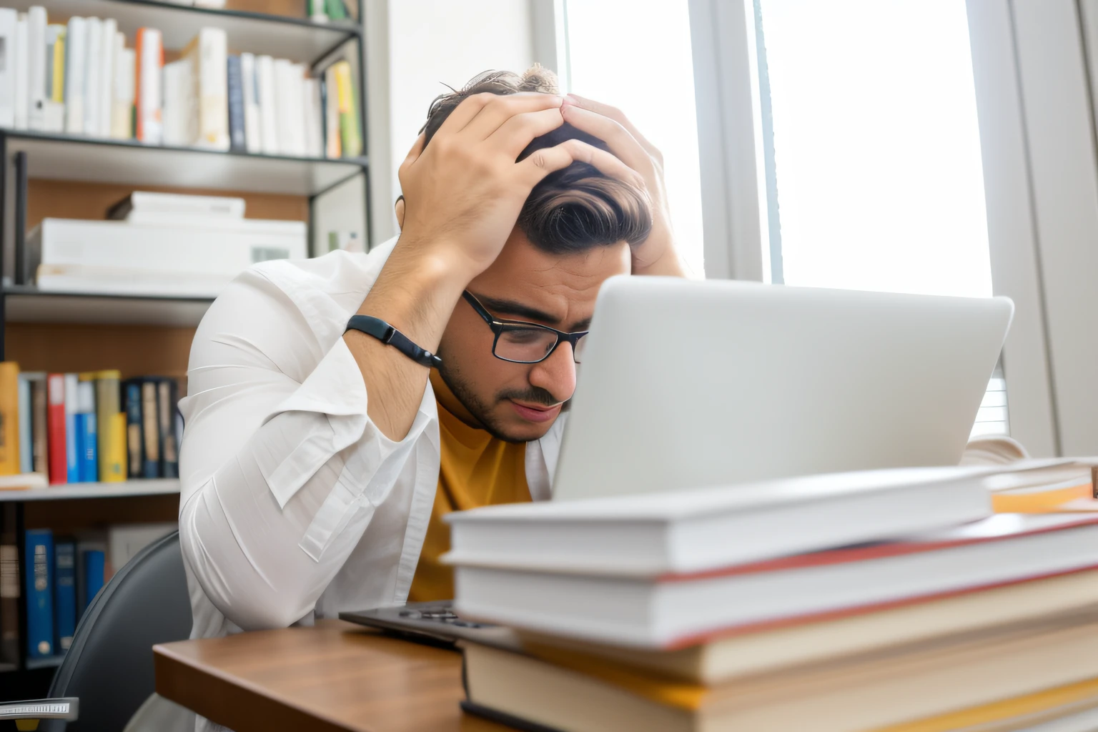Homem sentado em uma mesa com um laptop e uma pilha de livros, tentando estudar, Shutterstock, frustrado detalhado, Frustrado, Foto de Stock, Lutando, frustrated expression, ansiedade enervante, stressed expression, Frustration, na frente de um computador, iStock, taken with sony a7r camera, estudar em uma sala iluminada, mal iluminado