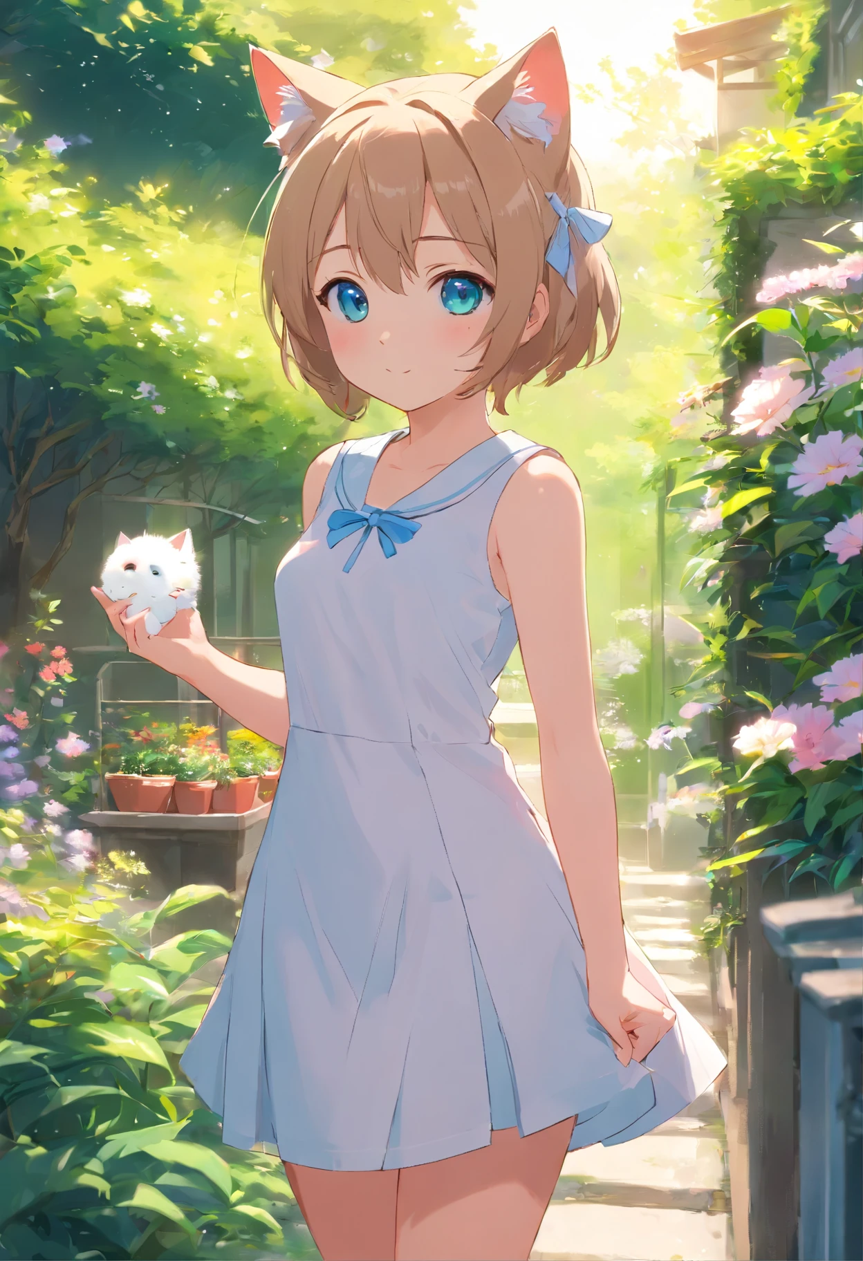 Cat-eared girl in white dress standing in garden, Break，silber hair，eBlue eyes，(((Sleeveless)))，Hang laundry to dry，loli in dress, small curvaceous loli, Guviz-style artwork, Guweiz in Pixiv ArtStation,  Guviz, small li girl, Soft anime illustration, Anime visuals of cute girls, detailed digital ，Heteropupil