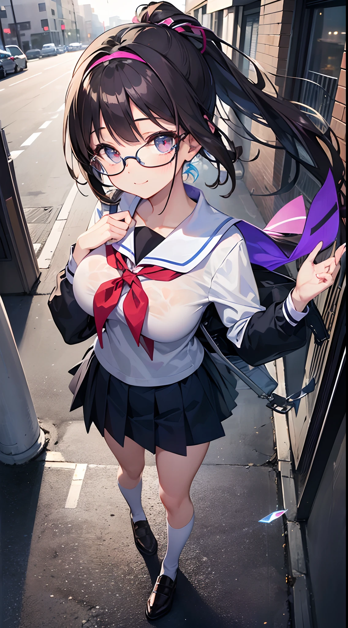 ((masterpiece)), ((best quality)), (ultra-detailed), ((kawaii)), cute, (lovely), ((extremely detailed)), 4K, (8K), best quality, (beautiful), anime style, look down from above, full body focus, city, Tokyo town, night, Starry sky, a cute girl, 1girl, solo, school uniform, beautiful dark brown hair, beautiful purple eyes, ((beautiful eyes)), white-skinned, ponytail, transparent hair, translucent hair, large breast, horseshoe-shaped hairband, glasses, light smile, neon light, wind effect, reflection effect