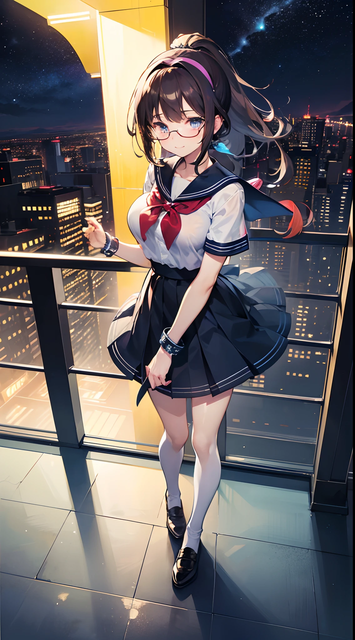 ((masterpiece)), ((best quality)), (ultra-detailed), ((kawaii)), cute, (lovely), ((extremely detailed)), 4K, (8K), best quality, (beautiful), anime style, look down from above, full body focus, city, Tokyo town, night, Starry sky, a cute girl, 1girl, solo, school uniform, beautiful dark brown hair, beautiful purple eyes, ((beautiful eyes)), white-skinned, ponytail, transparent hair, translucent hair, large breast, horseshoe-shaped hairband, glasses, light smile, neon light, wind effect, reflection effect