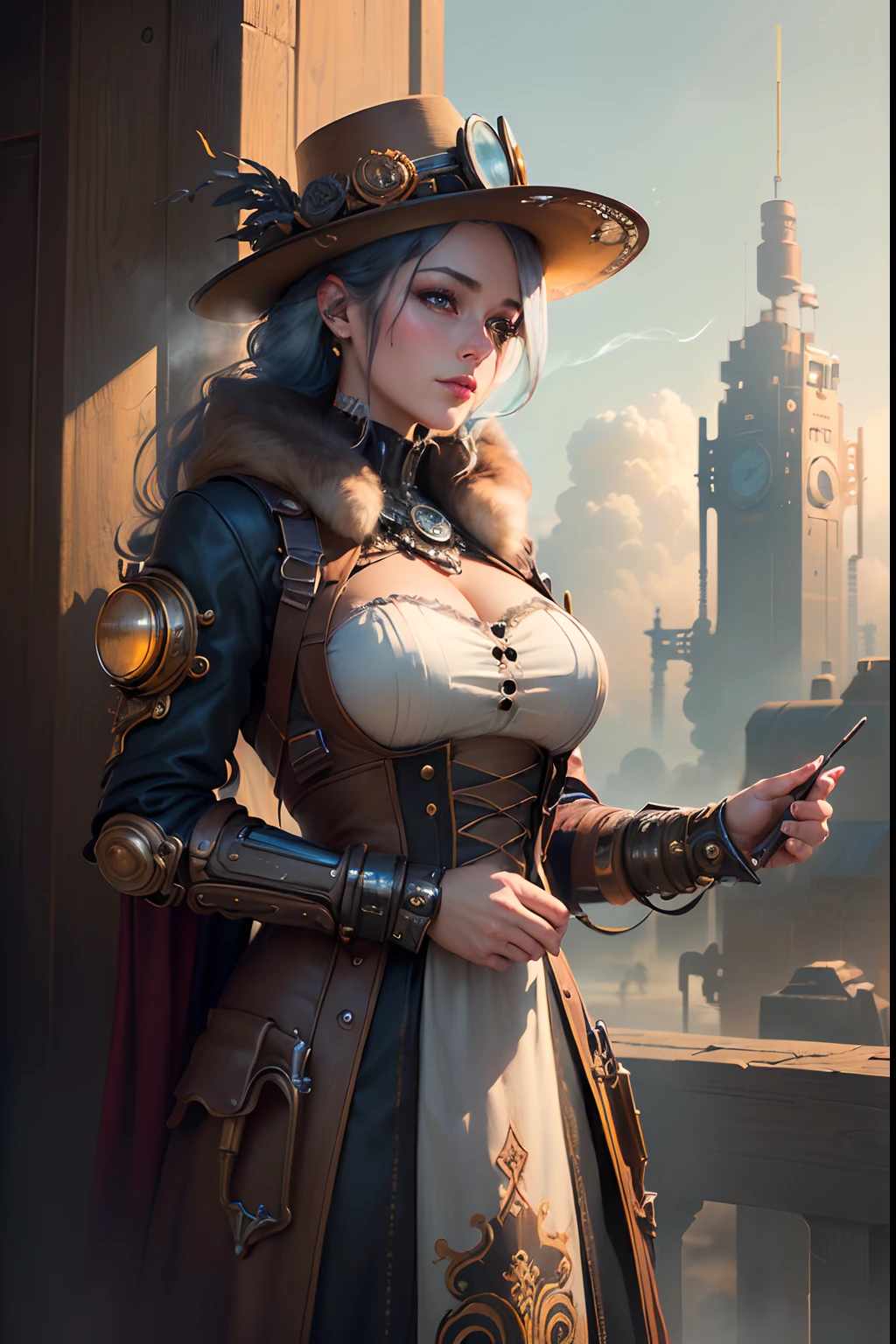 Russian 18 year old girl, half body view, (front to camera), detailed european face, (aspiring facial expression), (short skirt), (((steampunk style close))), ((steampunk city on the background)), RAW, analog style, ultra detailed photograph, cinematic lighting, artstation, 4k, sharp focus, high resolution, detailed skin, detailed eyes,