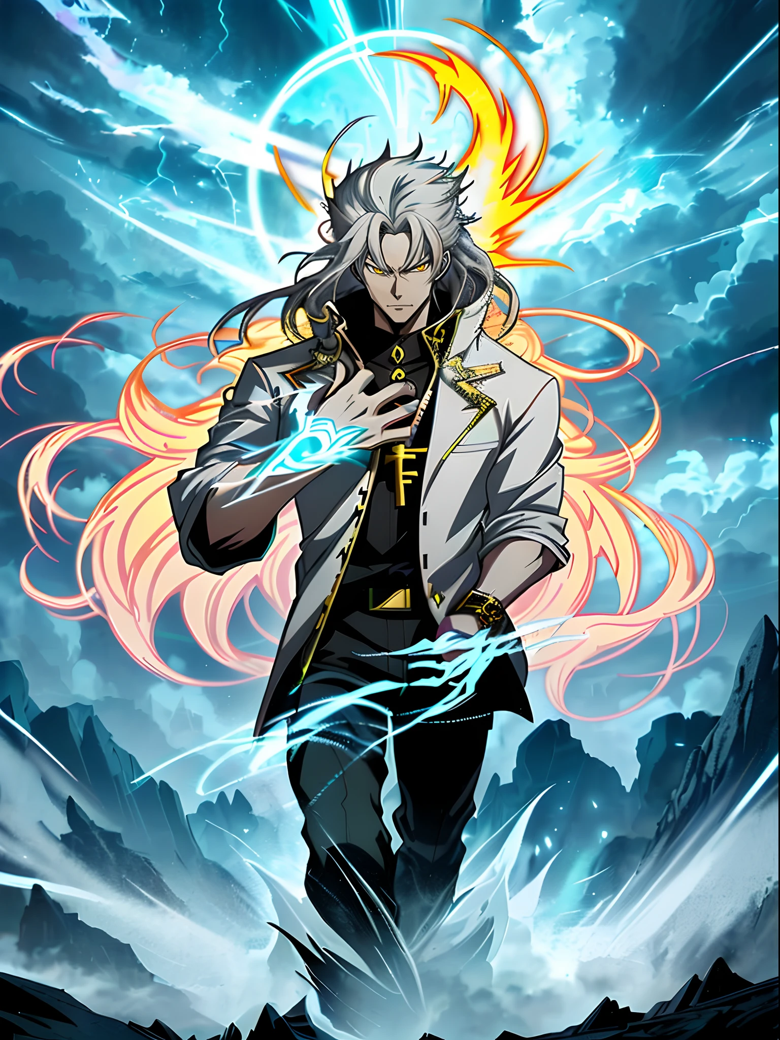 White long-haired anime character, Yellow eyes stand in front of Lightning,White clothes, Detailed key anime art, Key anime art, detailed anime character art, handsome guy in demon killer art, full art, high detailed official artwork, anime artsyle, offcial art, detailed anime art, Demon King