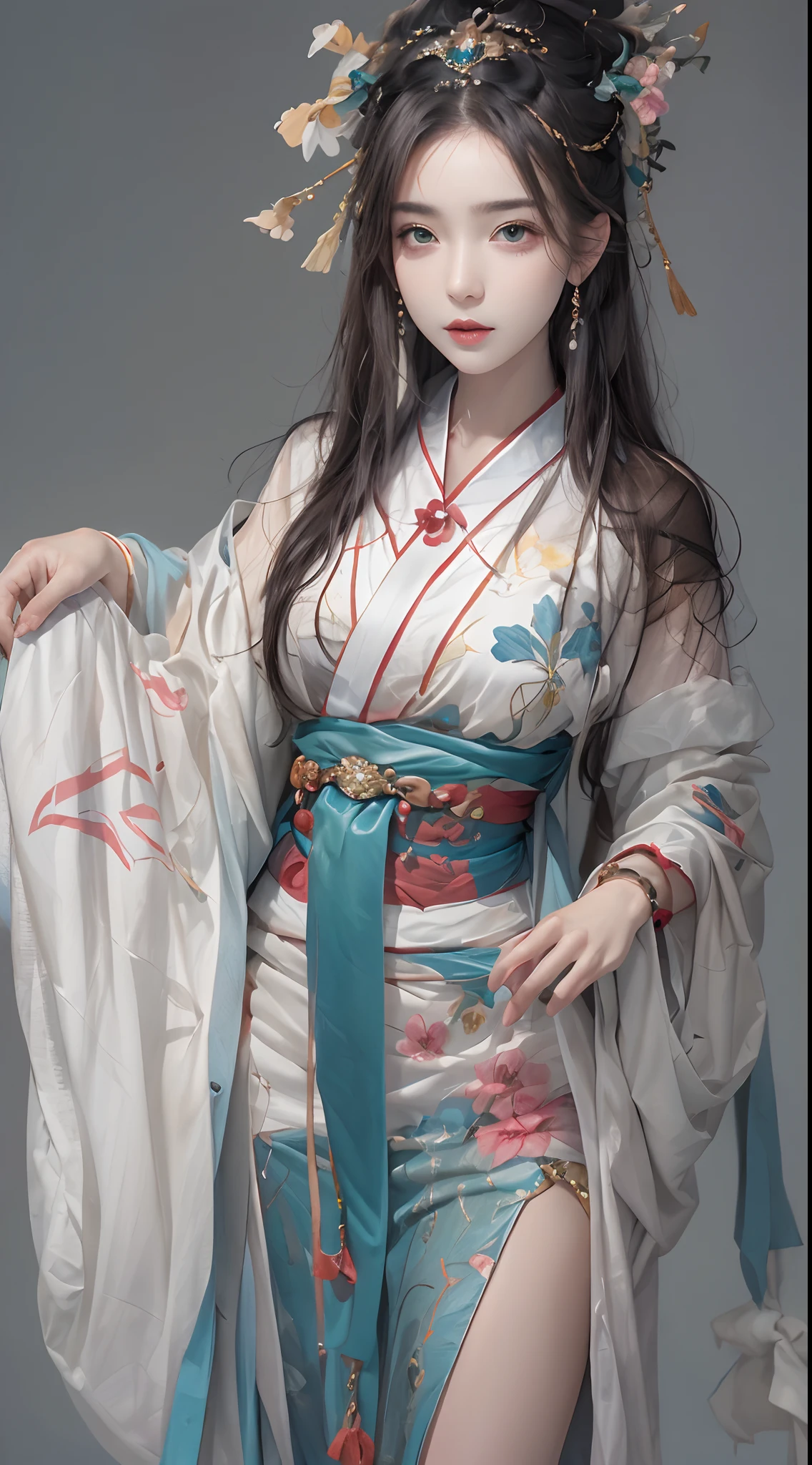 Photorealistic, high resolution, 1 woman, hips up, Beautiful eyes, Long hair, ringed eyes, jewelry, tattoo, hanfu, Chinese fairy