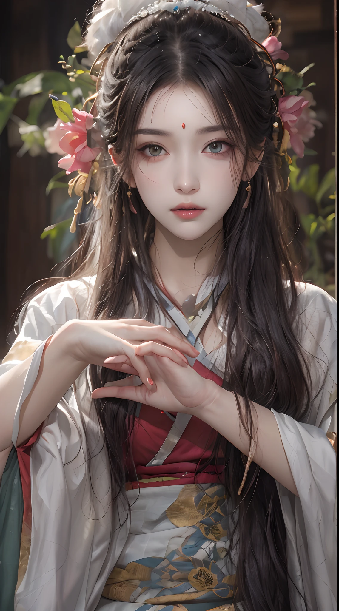 Photorealistic, high resolution, 1 woman, hips up, Beautiful eyes, Long hair, ringed eyes, jewelry, tattoo, hanfu, Chinese fairy