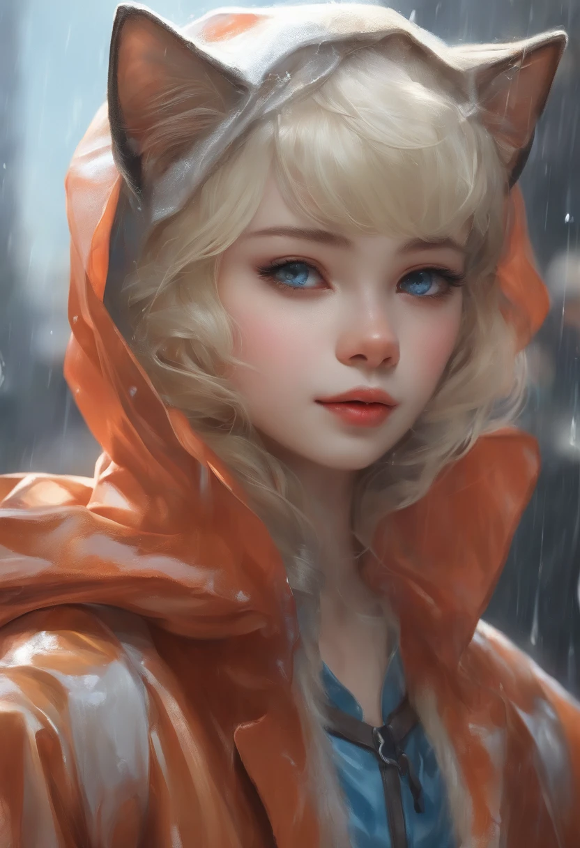 The highest image quality、masterpiece、Leyendecker's style、Fantasy 3D、One child wearing a cat mask、Nordic beautiful girl、Half eye、Blue eyes、Smirking expression、Pretty small face、Light makeup、cat ears on head、Platinum blonde short hair、tiny chest、short waist、rainy day、raincoat、Holding an umbrella、Rain boots、puddles,Sky after rain