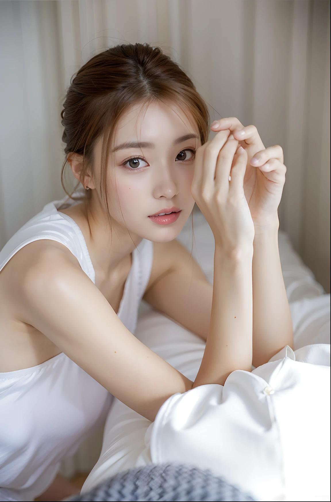 (((Medium hair))), best qualtiy, 8K, hdr, A high resolution, absurderes:1.2, blur backgroun, Background bokeh:1.2, photography of, (RAW photo:1.2), (真实感:1.4), (Masterpiece:1.3), (complexdetails:1.2), 1girll, 独奏, japanaese girl, delicated, Beautiful detailed, (Delicate double eyelids), (Detailed facial features), Bigboobs, (((Large breasts))), Skin Firm, (Looking_at_peeping at the viewer), From_Front, (being thin),(best qualtiy:1.4),(超A high resolution:1.2),cinematic lighitnglamplight,(Extremely detailed illustration),(Gloss on lips,best qualtiy,超A high resolution,depth of fields,Caustics,Extensive illumination,naturalshadow,85mm, f/1.4, iso 200, 1/160s:0.75),1girll, Solo, (((Silk vest))) Smile, ((silk garment,pleatedskirt,Classroom))