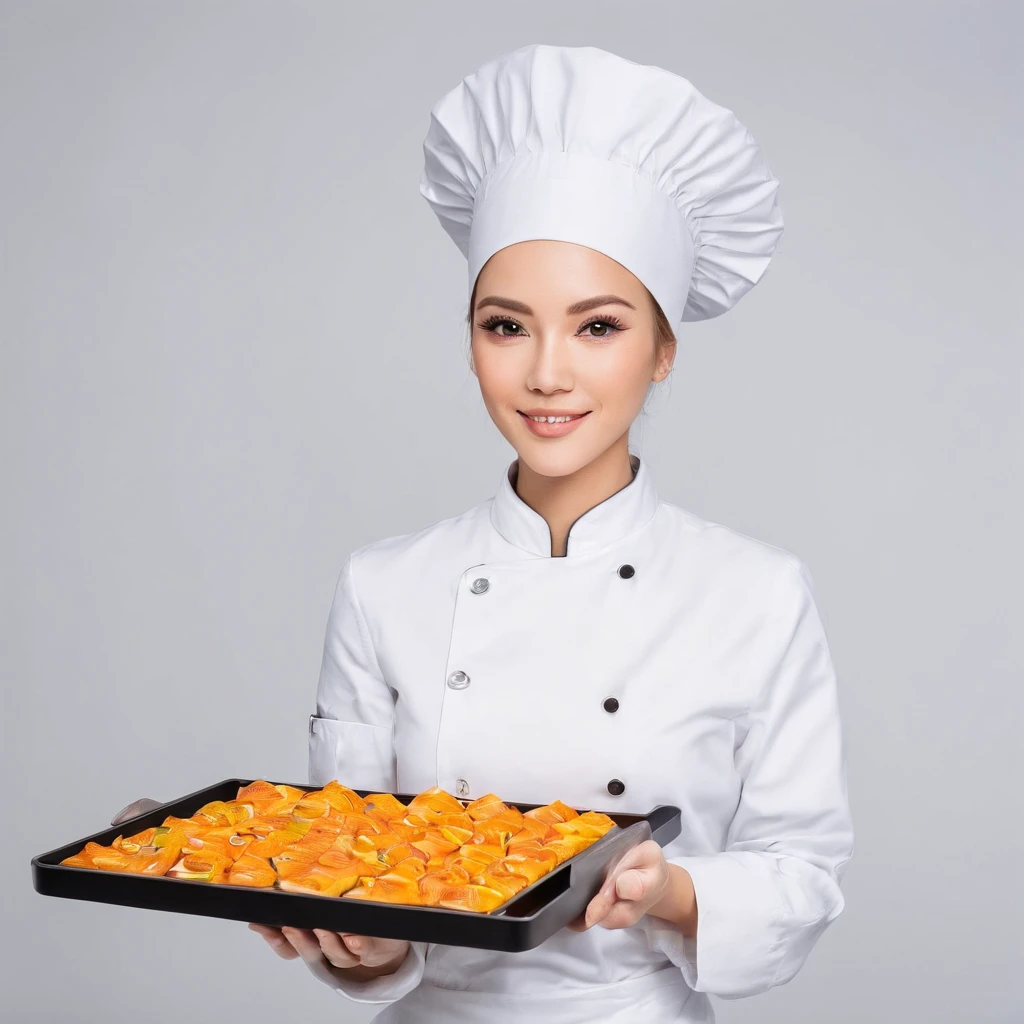 (best quality,photography),woman chef with a tray in hand, delicious food, kitchen,professional,studio lighting,ultra-detailed,sharp focus,vivid colors,warm tone