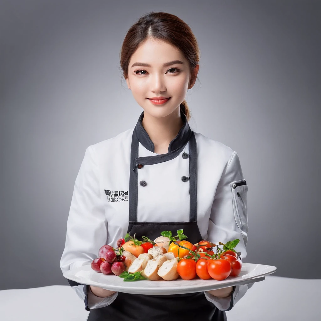 (best quality,photography),woman chef with a tray in hand, delicious food, kitchen,professional,studio lighting,ultra-detailed,sharp focus,vivid colors,warm tone