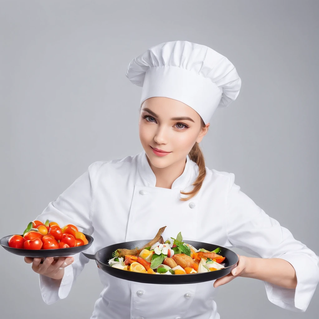 (best quality,photography),woman chef with a tray in hand, delicious food, kitchen,professional,studio lighting,ultra-detailed,sharp focus,vivid colors,warm tone