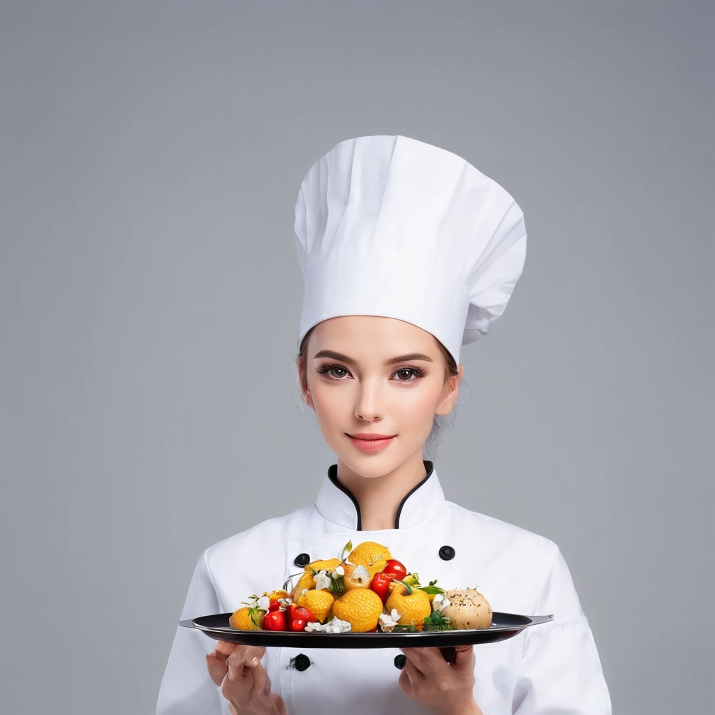 (best quality,photography),woman chef with a tray in hand, delicious food, kitchen,professional,studio lighting,ultra-detailed,sharp focus,vivid colors,warm tone