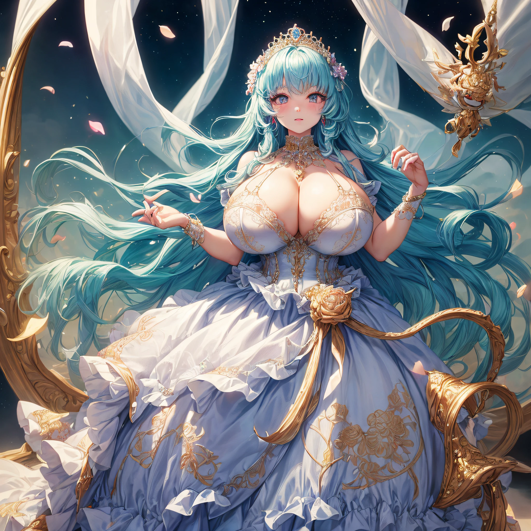(masterpiece, best quality,extremely detailed:1.1),(moe anime art style:1.2),1girl,full body, ((solo)), cute, kawaii,digital art,((1 bling-bling anime princess wearing beautiful embroidery and jeweled ruffled gorgeous princess ballgown with voluminous full length hoop skirt)),((crinoline)),long train,voluminous frills,(gorgeous embroidery and beautiful lace),(((very gigantic boobs,skindentation))),cleavage,shiny hair,(((very long straight hair))),((finely detailed face and eyes)),clear pupil,extremely gorgeousfull hair ornament,(bling-bling jeweled extremely gorgeousfull tiara),(bling-bling gorgeous gemstone jewelry),long veil,(beautiful background,fantasy),flowers,flower petals flowing,full body,looking away,((beautiful embroidery and jeweled ruffled gorgeous princess ballgown with voluminous full length hoop skirt))
