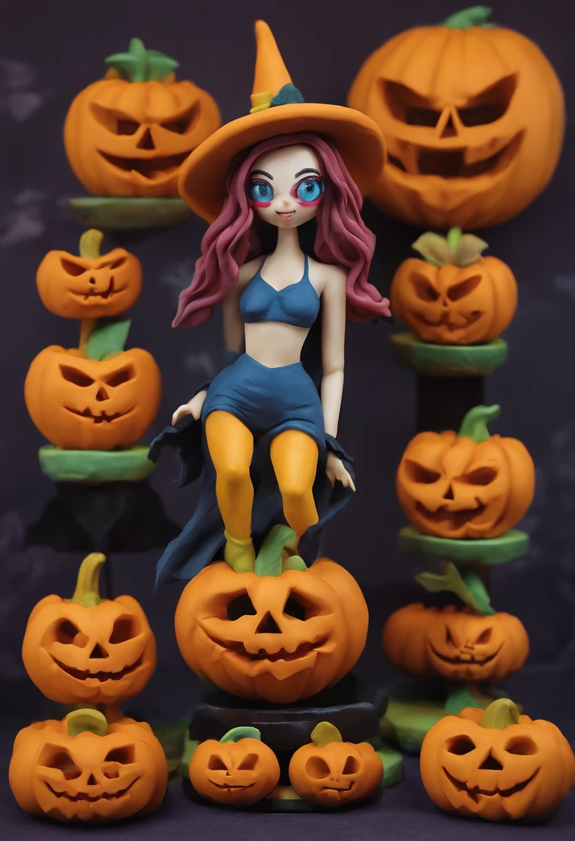 halloween themed sexy witch, cute pumpkin monsters, evil smile sunflower house gloria studio, clay material, cartoonish design style, pop mart, soft lighting, smooth lines, tilt-shift lenses, detailed science fiction illustrations, hyper-realistic details, warm color