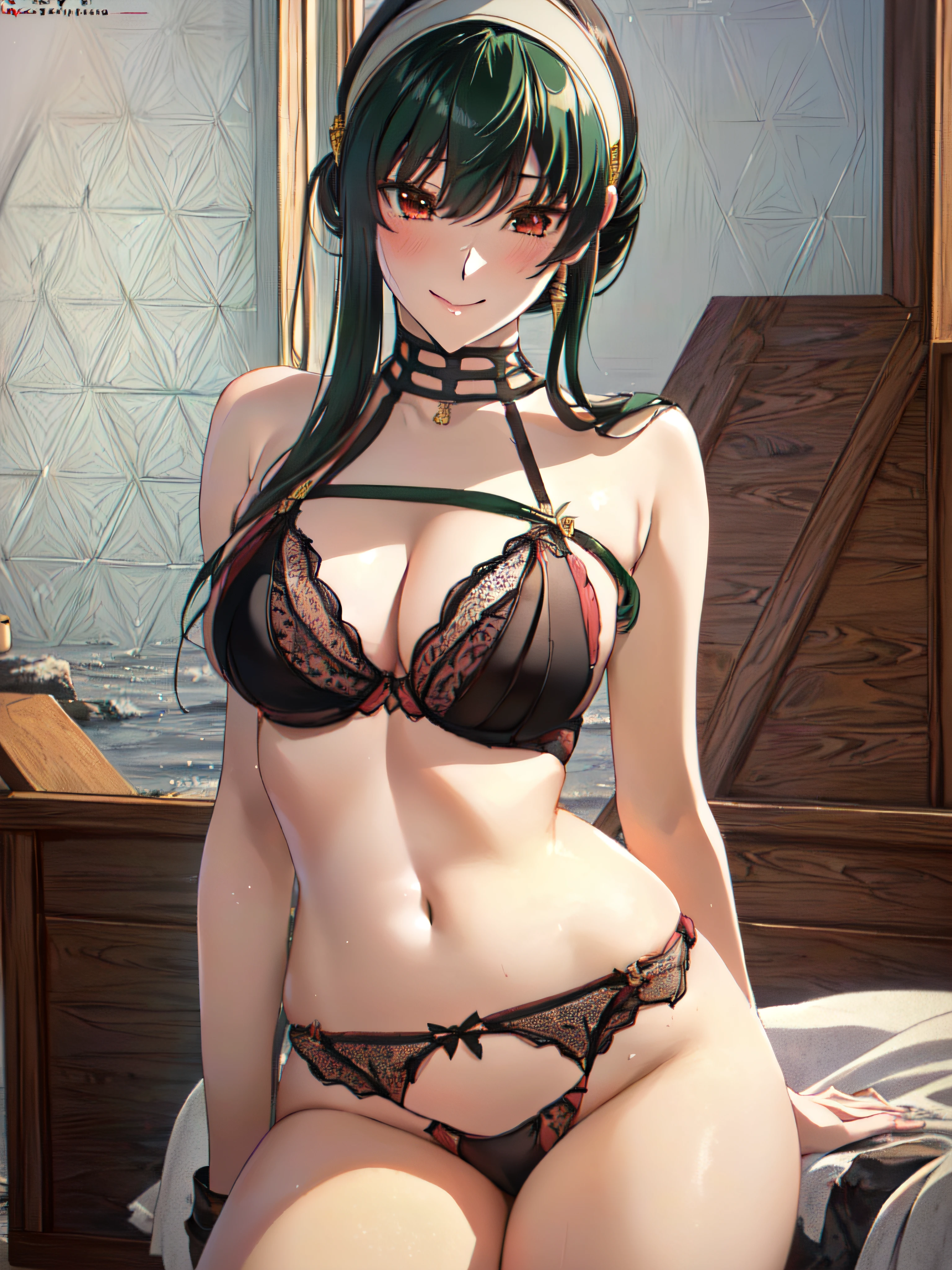 (masutepiece,o CG Unity 8K Wallpapers extremamente detalhado:1.5),(Grande_seios,peito bonito,cor_Aberration,bela sombra detalhada,olhos bonitos,corpo bonito,pele bonita,beautiful hands:1.5),(Cowboys_injection:1.4),(vivid colors,Realistic, hyper-realisitic:1.5),(curva,model,Glamour,sorriso sedutor:1.5),(cabelos brilhantes,cabelo verde escuro,Olhos vermelhos:1.5),(Pano requintado,renda,lace-trimmed bra,Roupa de pernas com corte de renda:1.4),(em uma casa,Quartos:1.5),(Pano requintado,renda,lace-trimmed bra,Roupa de pernas com corte de renda:1.4),delicate patterns,detalhes intrincados,blush vermelho,pele brilhante,No Straps,鎖骨,Anime girl with white headband,(black underwear:1.5),menina anime sedutora, [ Arte Digital 4K ]!!, mulher bonita sedutora do anime, pintado em anime painter studio |, arte cg anime suave, feito com anime painter studio, Estilo de anime 3D realista, Family × Spy George Gar, (Yolfauger Fotos:1.5),chique