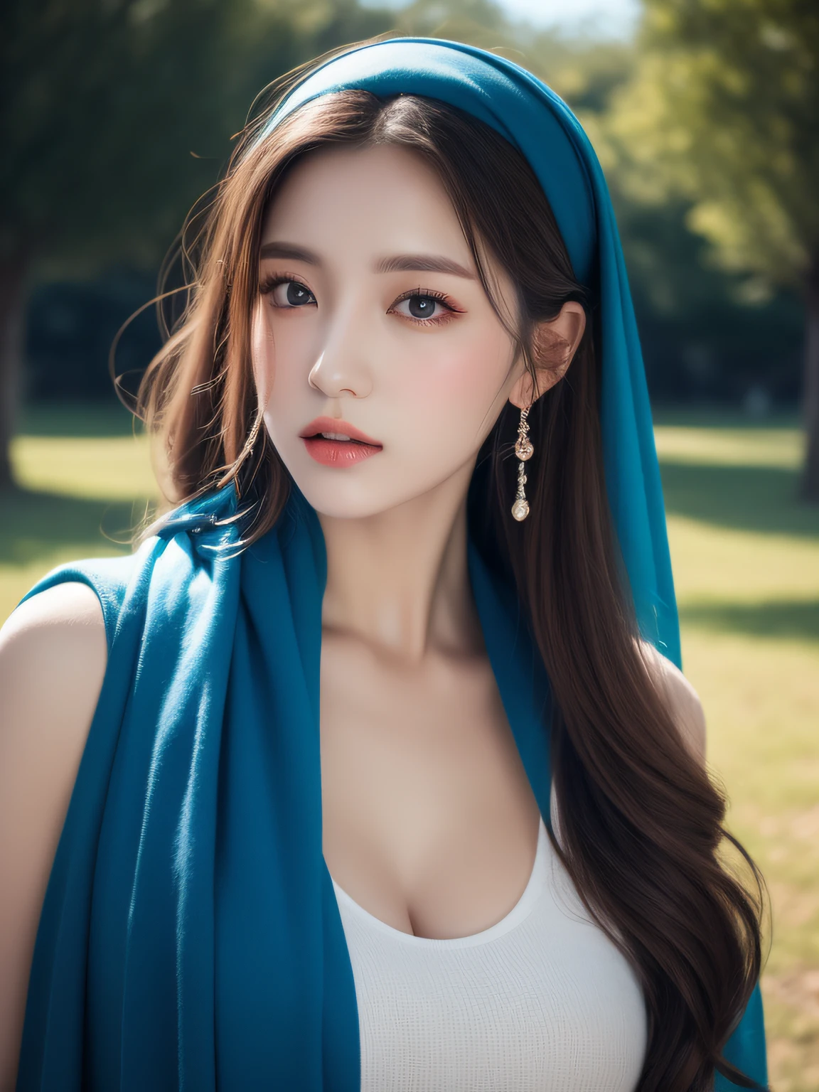 sexy and hot  princess wearing a blue hijab, detailed face, dark-brown eyes, full length body standing at the park, areola puffy, exquisite clothing detail, sharp and clear focus, highly detailed, art station, concept art,  light makeup, hyper-realistic, 32K Ultra HD