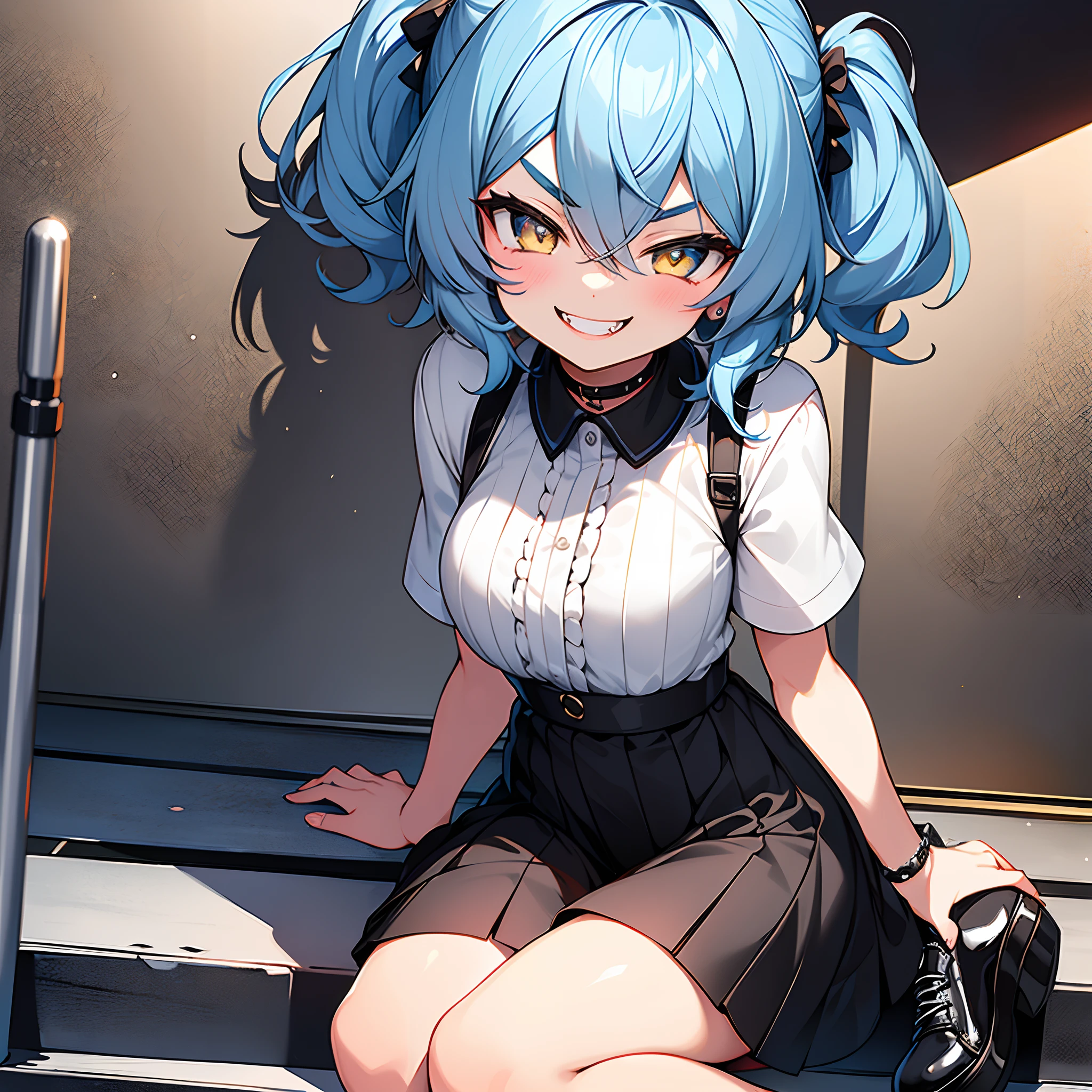 Masterpiece, best quality, high quality, {{{1 girl}}}, {{{solo}}}, Anime girl with blue hair sitting on the ground, small ****, blue hair, ((Medium short hair)), ((messy Hair)), (Short hair), (((Unkempt hair))), ((big sized short twin tails)), ((diagonal bangs)), Yellow eyes, slant eyes, ((thick eyebrows)), fangs, (((Spiteful smile, smirk, fangs))), ((black short sleeve shirt)), black pleated short skirt, spike choker, spike leg ring, black shoes, huge breasts, highly detailed fine art, (finely detailed beautiful eyes and detailed face), delicate depiction of facial features, detailed metal jewelry, In The Graffiti Alley, Waste Container, Outside Stairs, Outdoor Unit