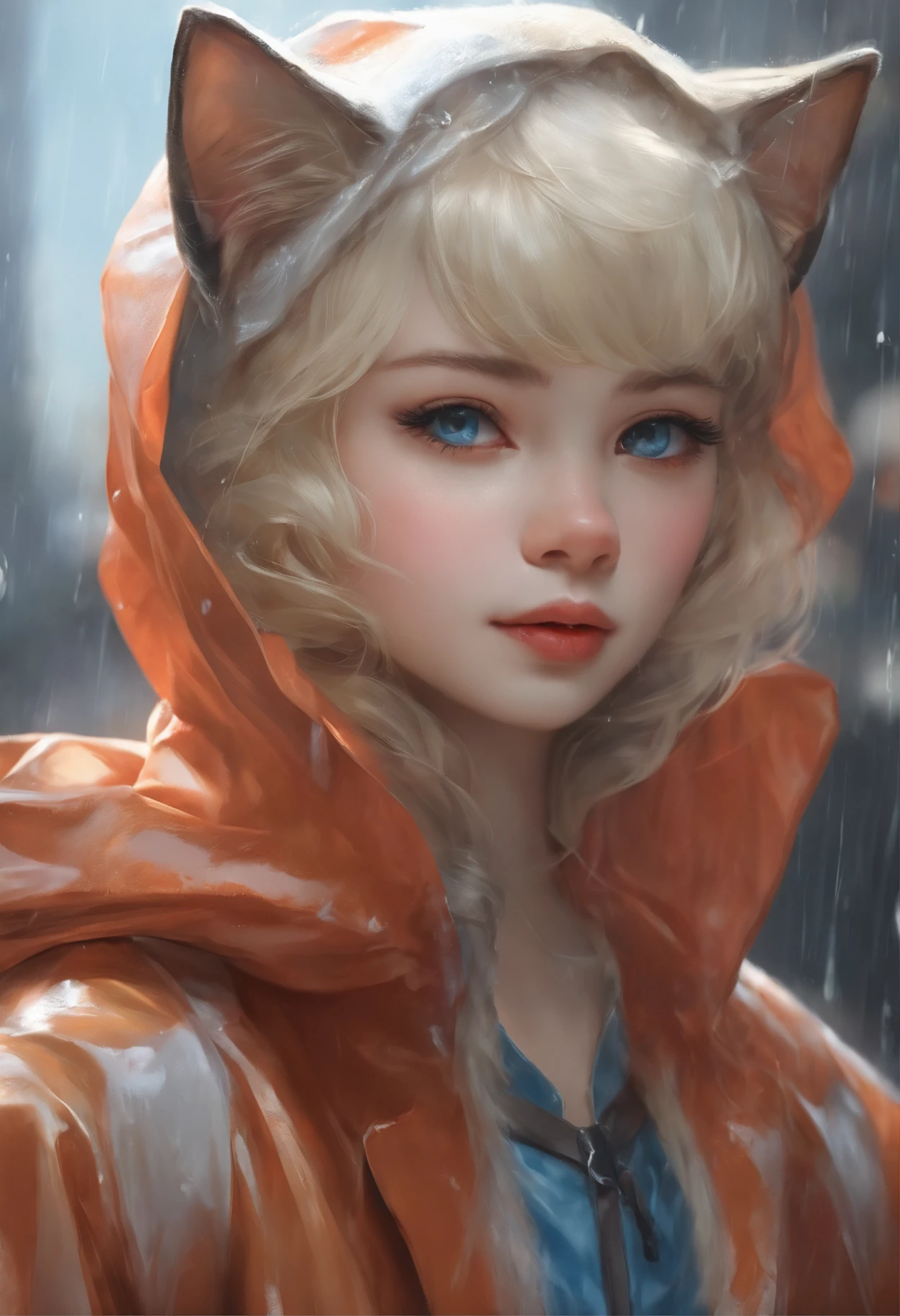 The highest image quality、​masterpiece、Leyendecker's style、Fantasy 3D、One child wearing a cat mask、Nordic beautiful girl、Half eye、Blue eyes、Smirking expression、Pretty small face、Light makeup、cat ears on head、Platinum blonde short hair、tiny chest、short waist、rainy day、raincoat、Holding an umbrella、Rain boots、puddles，Sky after rain