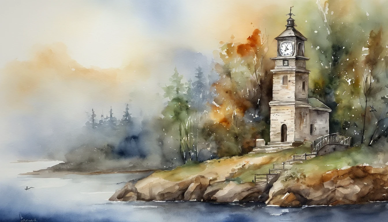 Clock tower in the shape of an anchor、Silver、Watercolor Touch