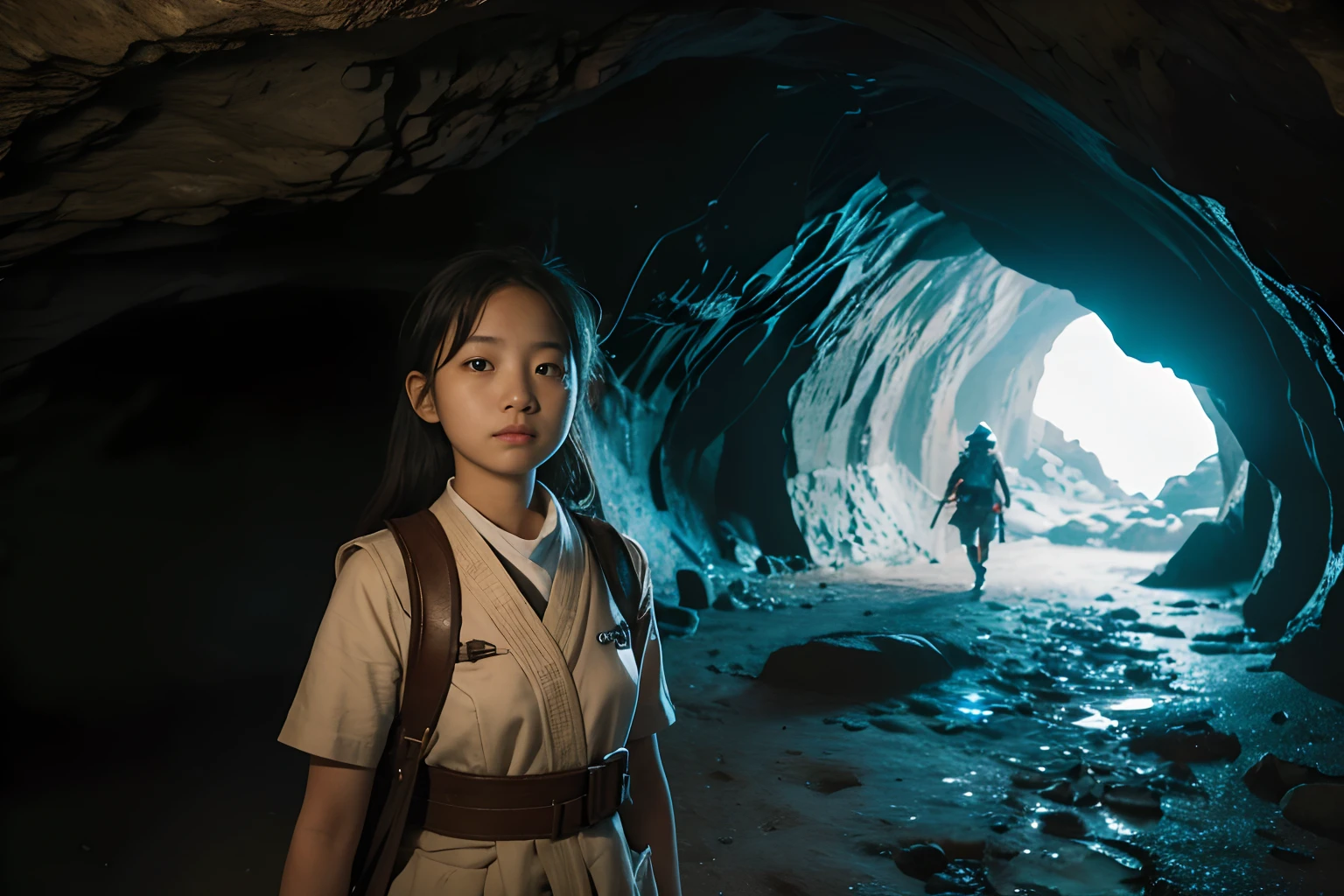 ( girl in Japan, bangss,long, Small round face:1.2), (flat chest:1), Cinematic lighting, depth of fields,
(8K, Raw photography, top-quality, masuter piece:1.2), ultra res, (Realistic, photos realistic:1.37), Female explorer exploring cave.
break
She is interested in rumors of unknown creatures and valuable minerals in the cave. She relies on helmet-mounted lights, Map and compass to navigate the dark and damp caves.
break
Be impressed by the strange patterns carved into the cave walls and the beautiful sound of water droplets. She aims to reach a large space deep in the cave.