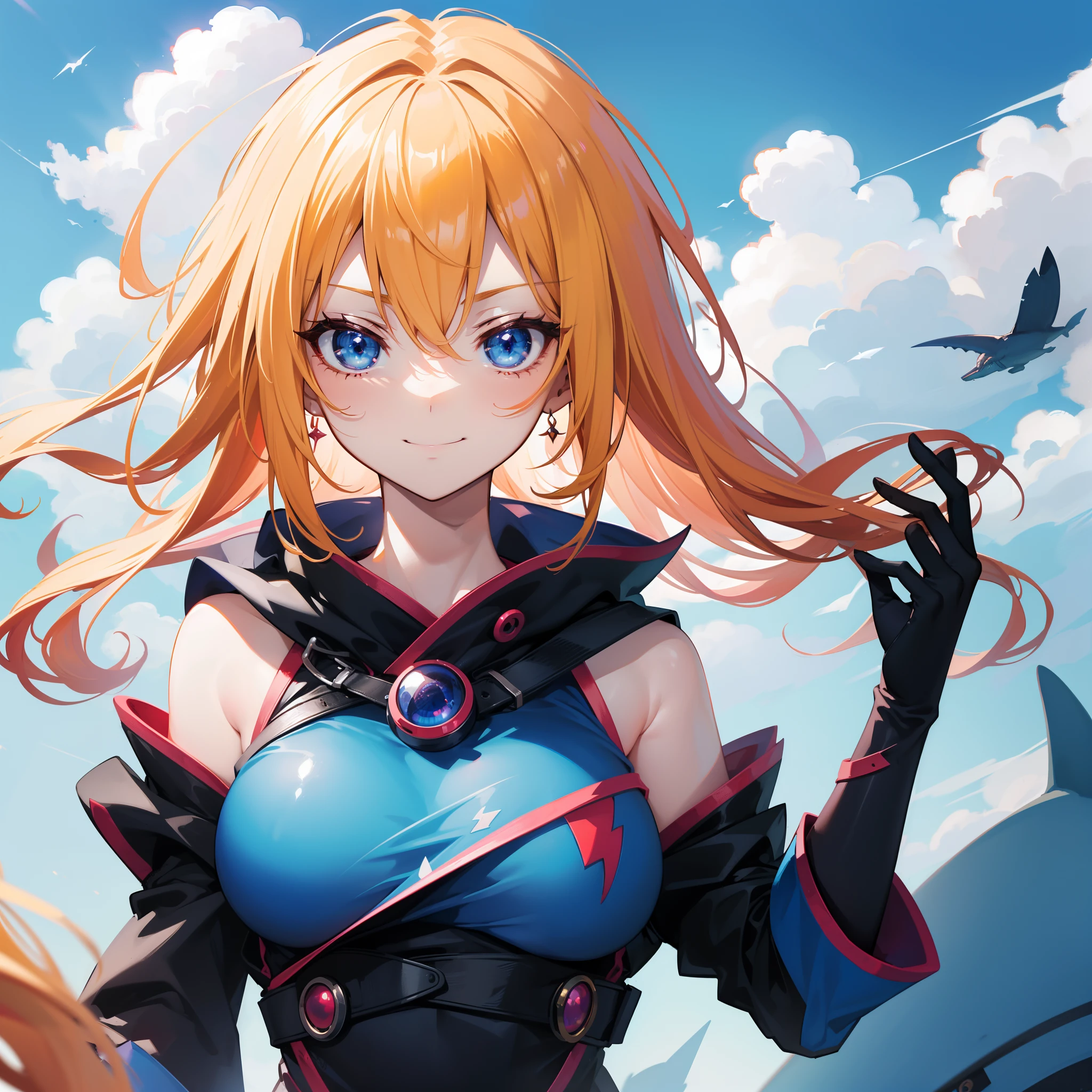 Dark Magician Girl、MKSKS style、1 persons、(highly detailed back ground:1.0)、(highly detailed back ground:1.0)、masterpiece、top-quality、超A high resolution、8K、Full Shot、Rotate diagonally、Break HA、(1/2 pale red and 1/2 Light yellow hair)、BREAK、Detailed skin、glowy skin、(A detailed eye、Blue eyes、big eye:1.2)、Burning cheeks、(Smirk:1.3)、Large breasts、Break HA、(Shark print clothes:1.6、Detailed clothing)、(thunder clouds:1.1)、(Daytime:1.3)