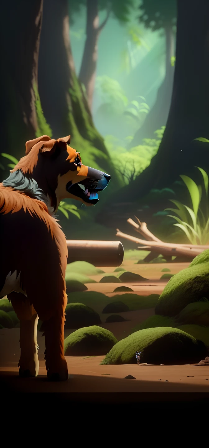 There is a dog that is standing in the forest, animated film, filme animado filmado, animation movie still, animation movie still, 3 d animated movie, cena de filme animado, animation film, animation still, cinematografia animada, animation film, animation still screencap, animation movie still, filme ainda de um desenho animado, quadro do filme pixar, still from a nature documentary