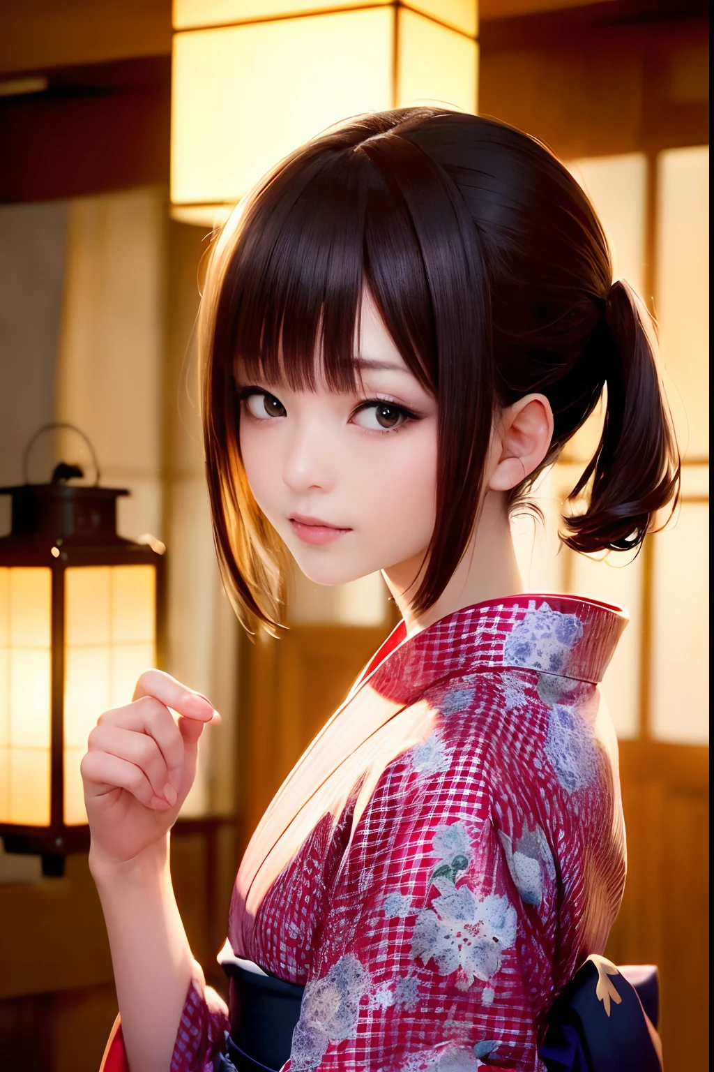 Upper body from the waist up、Are sleeping、nap、(Sleeping with your eyes closed)、(4In K、masterpiece、hight resolution、Realistic and beautiful light and shadow、One girl、Solo Focus、(top-quality)、(Hi-Res)、(extremely delicate and beautiful)、(Beautiful 8k face)、(Brown-eyed)、(I close my eyes while smiling.)、(独奏)、(Clear skin)、(Soft hair)、(hugetits)、(Plaid kimono, Red and blue floral yukata)、((Awa Odori Pose))、((Bokeh lantern light night background))、((speedo))、(reality)、thin and small nose、(red lipsticks)、(Reddening cheeks)、poneyTail、(Lustrous skin)、((Ukiyo-e style))、Ultra-thin eyebrows、Ultra high image quality、(Wearing maiko-style makeup)、skin whitening、long and beautiful lashes、Turning around in the style of a Kyoto magazine model、((s asleep))、Lustrous skin、(Red-dyed cheeks)