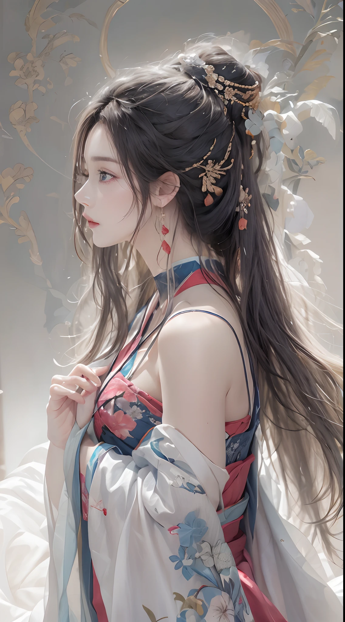 Photorealistic, high resolution, 1 woman, hips up, Beautiful eyes, Long hair, ringed eyes, jewelry, tattoo, hanfu, Chinese fairy, back view