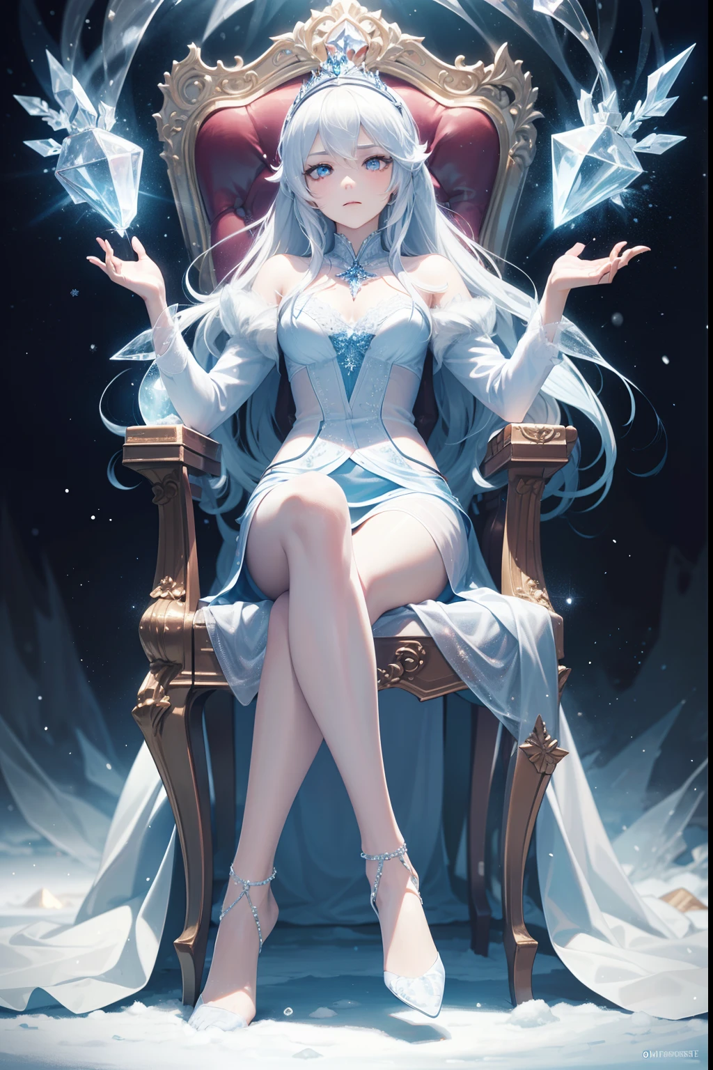 Anime Woman,Full-body anime,Ice Queen,long white hair,golden eyes,Sitting on the throne,Wear a short skirt,Ice palace background,Wearing ice crystal jewelry