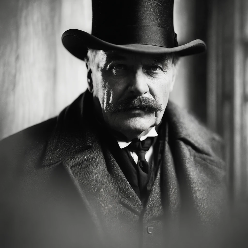 A realistic 8k image of Jack the Ripper, wearing a hat that covers his eyes and making direct eye contact with the viewer, in a dark and mysterious style.