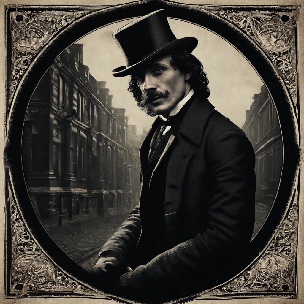 A realistic 8k image of Jack the Ripper, wearing a hat that covers his eyes and making direct eye contact with the viewer, in a dark and mysterious style.