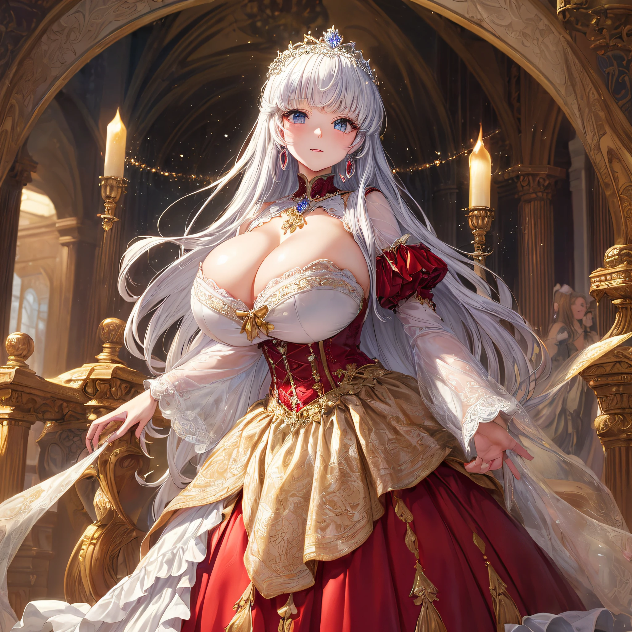 (masterpiece, best quality,extremely detailed:1.1),(moe anime art style:1.2),1girl,full body, ((solo)), cute, kawaii,digital art,((1 bling-bling anime princess wearing beautiful embroidery and jeweled ruffled gorgeous princess ballgown with voluminous full length hoop skirt)),((crinoline)),long train,voluminous frills,(gorgeous embroidery and beautiful lace),(((very gigantic boobs,skindentation))),cleavage,shiny hair,(((very long straight hair))),((finely detailed face and eyes)),clear pupil,extremely gorgeousfull hair ornament,(bling-bling jeweled extremely gorgeousfull tiara),(bling-bling gorgeous gemstone jewelry),long veil,(beautiful background,fantasy),flowers,flower petals flowing,full body,looking away,((beautiful embroidery and jeweled ruffled gorgeous princess ballgown with voluminous full length hoop skirt))