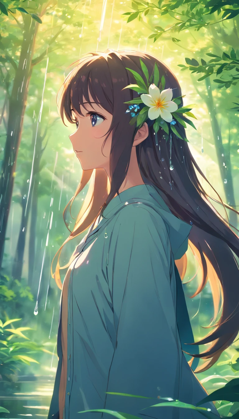 anime girl with long hair and flower in her hair, Beautiful anime artwork, style of anime4 K, Anime art wallpaper 4k,Rainy days,the woods,Rain drops,sideface
