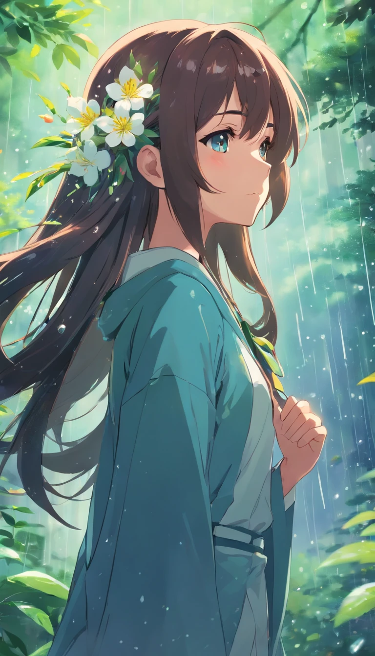 anime girl with long hair and flower in her hair, Beautiful anime artwork, style of anime4 K, Anime art wallpaper 4k,Rainy days，the woods，Rain drops，sideface