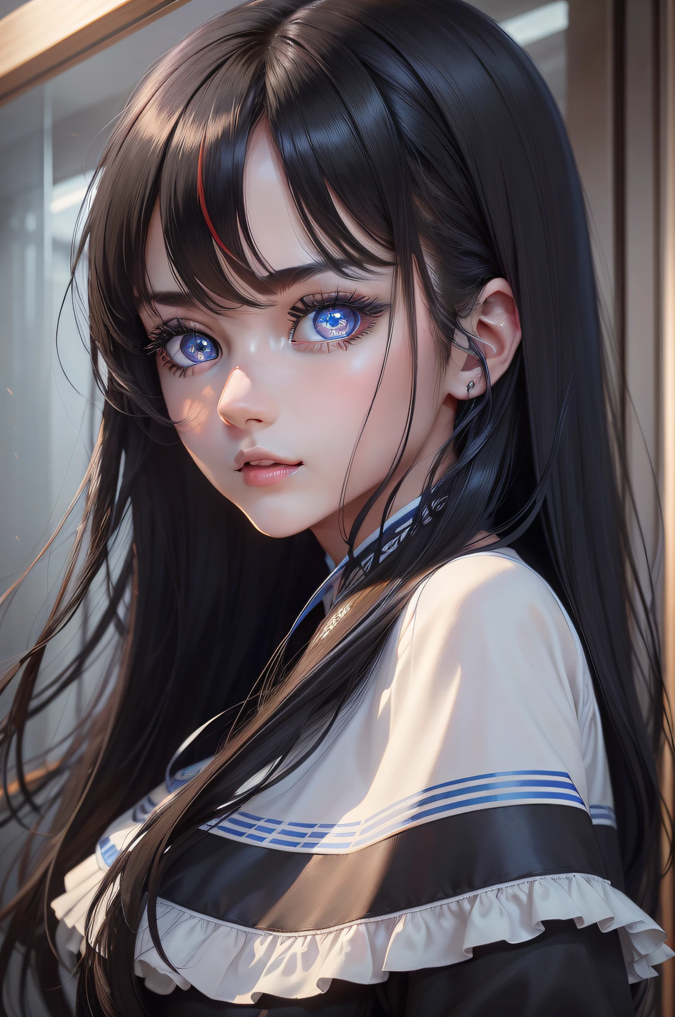 masterpiece、top-quality、beautiful young woman with、shiny blue eyes、(Detailed pupils:1.2)、eye lashes、Beautiful bright black hair、striated hair、multi colored、Medium hair、face perfect、detaileds、idol、