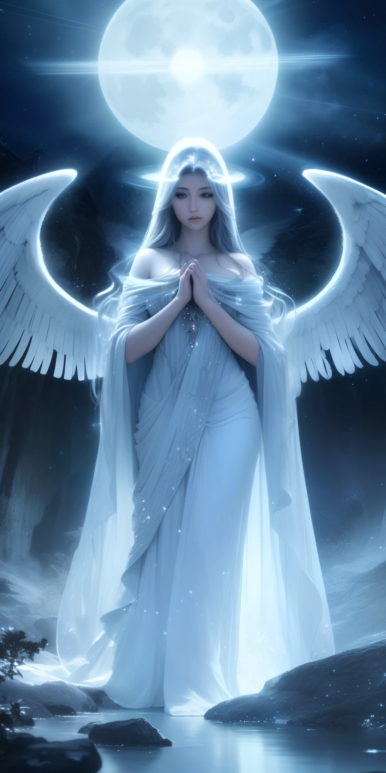 (best quality,4k,highres,masterpiece:1.2),ultra-detailed,(realistic,photorealistic,photo-realistic:1.37),angel,moonlight,rock,standing,breathtaking,beautiful detailed eyes,beautiful detailed lips,soft flowing hair,wings,serenity,peaceful setting,ethereal,vivid colors,shimmering moonlit glow,translucent wings,sparkling starry sky,angels,graceful,halo,heavenly presence,dreamy atmosphere,majestic,tranquility,silhouette,mystical,glowing aura,serene expression,splendid,luminous,ethereal beauty,surreal scene,moonlit landscape,harmony
