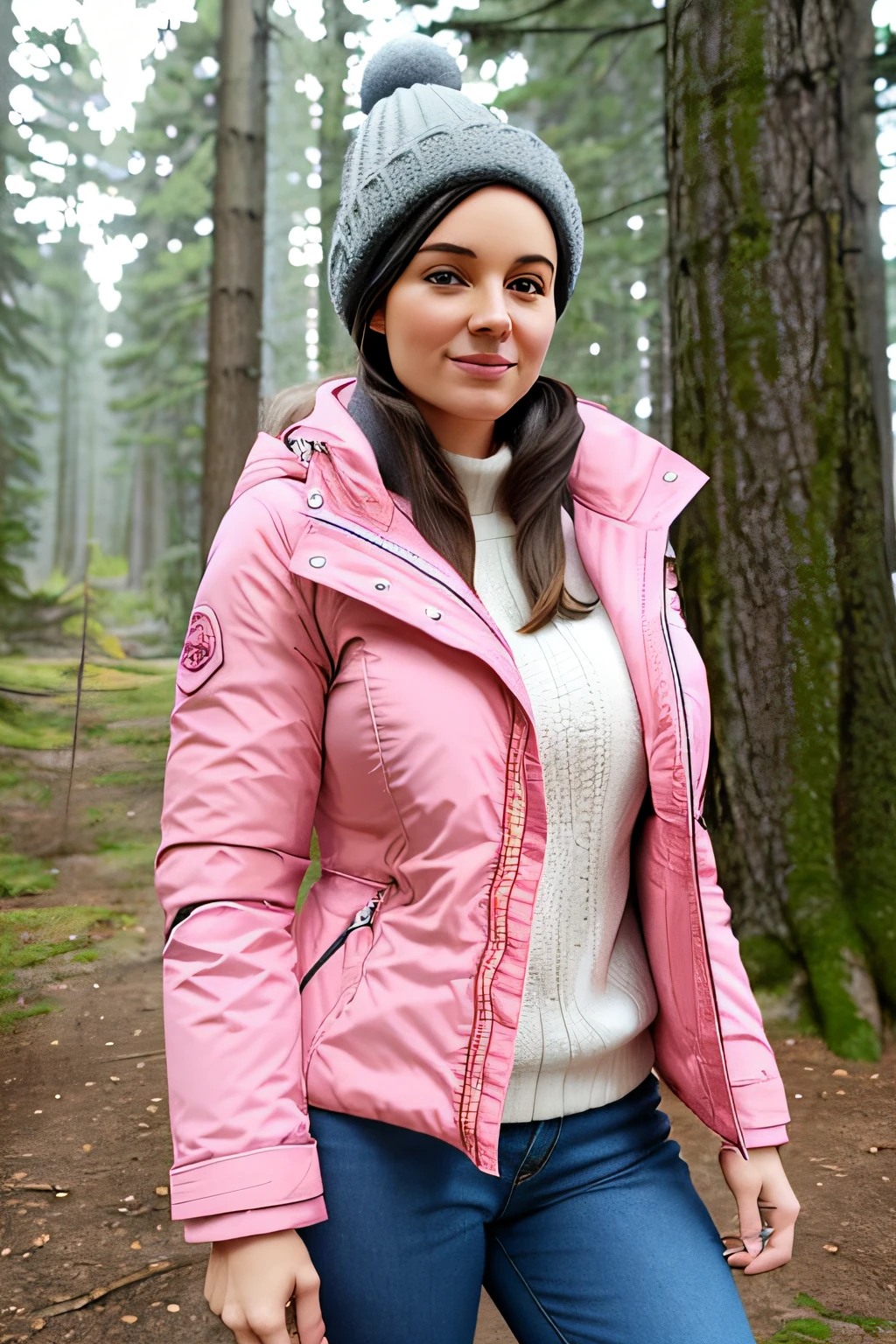 Make a woman with big breast, Pink long winterjacket , with open zipper, with face, body, Forrest, travel bag, Yellow pants, camper, dog