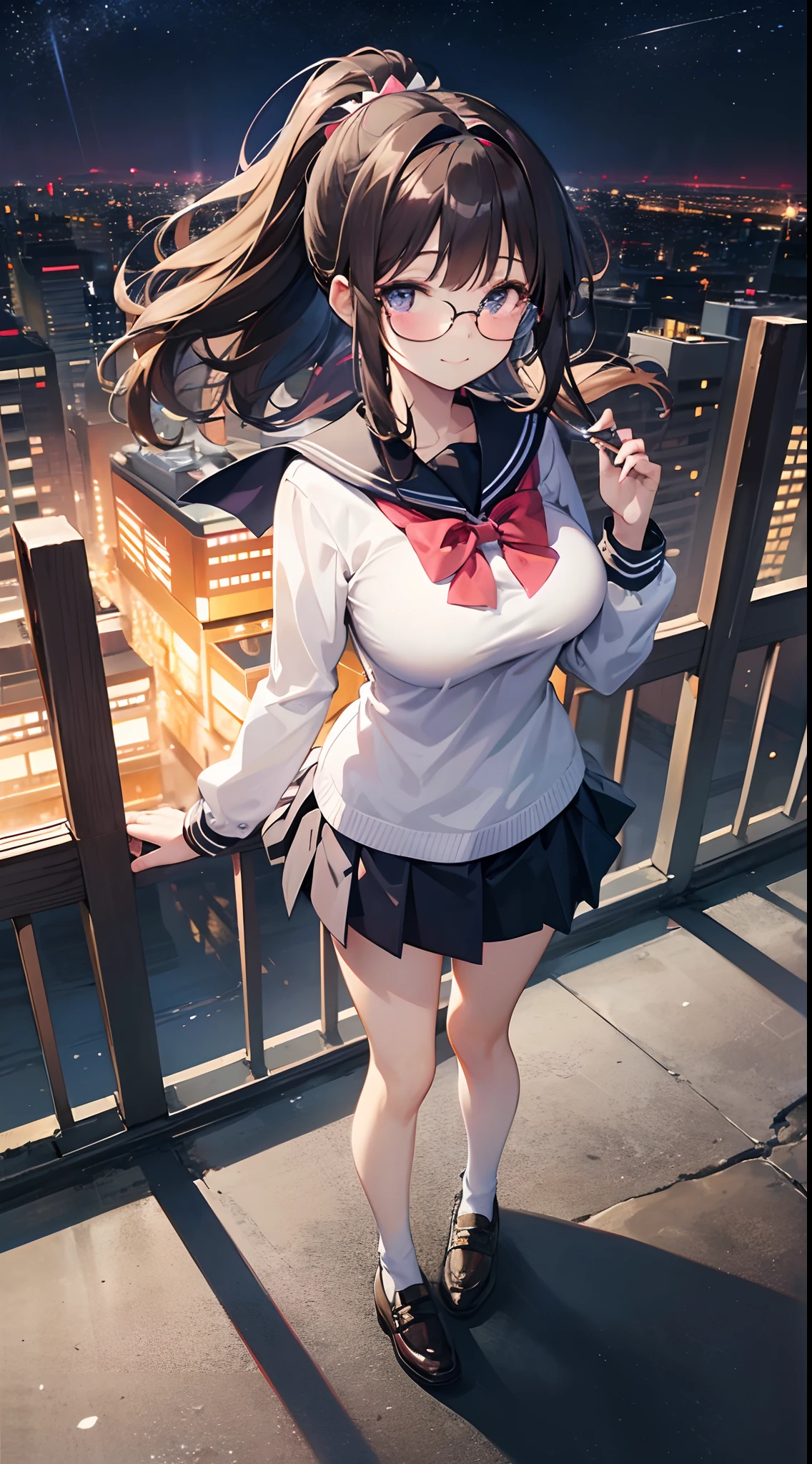 ((masterpiece)), ((best quality)), (ultra-detailed), ((kawaii)), cute, (lovely), ((extremely detailed)), 4K, (8K), best quality, (beautiful), anime style, look down from above, full body focus, city, Tokyo Shibuya town, night, Starry sky, a cute girl, 1girl, solo, school uniform, beautiful dark brown hair, beautiful purple eyes, ((beautiful eyes)), white-skinned, ponytail, transparent hair, translucent hair, large breast, horseshoe-shaped hairband, glasses, light smile, neon light, wind effect, reflection effect