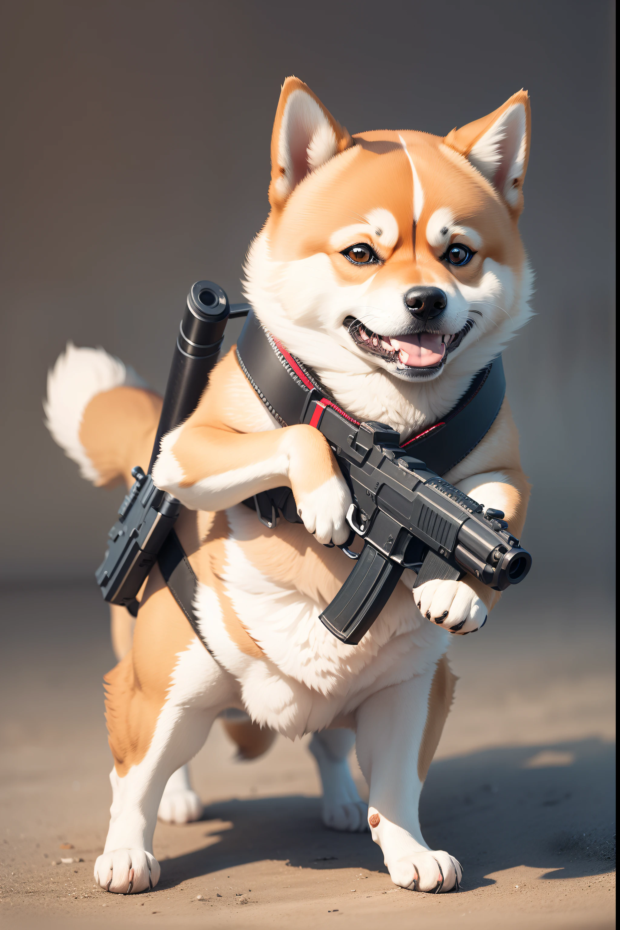 Shiba dog with a gun