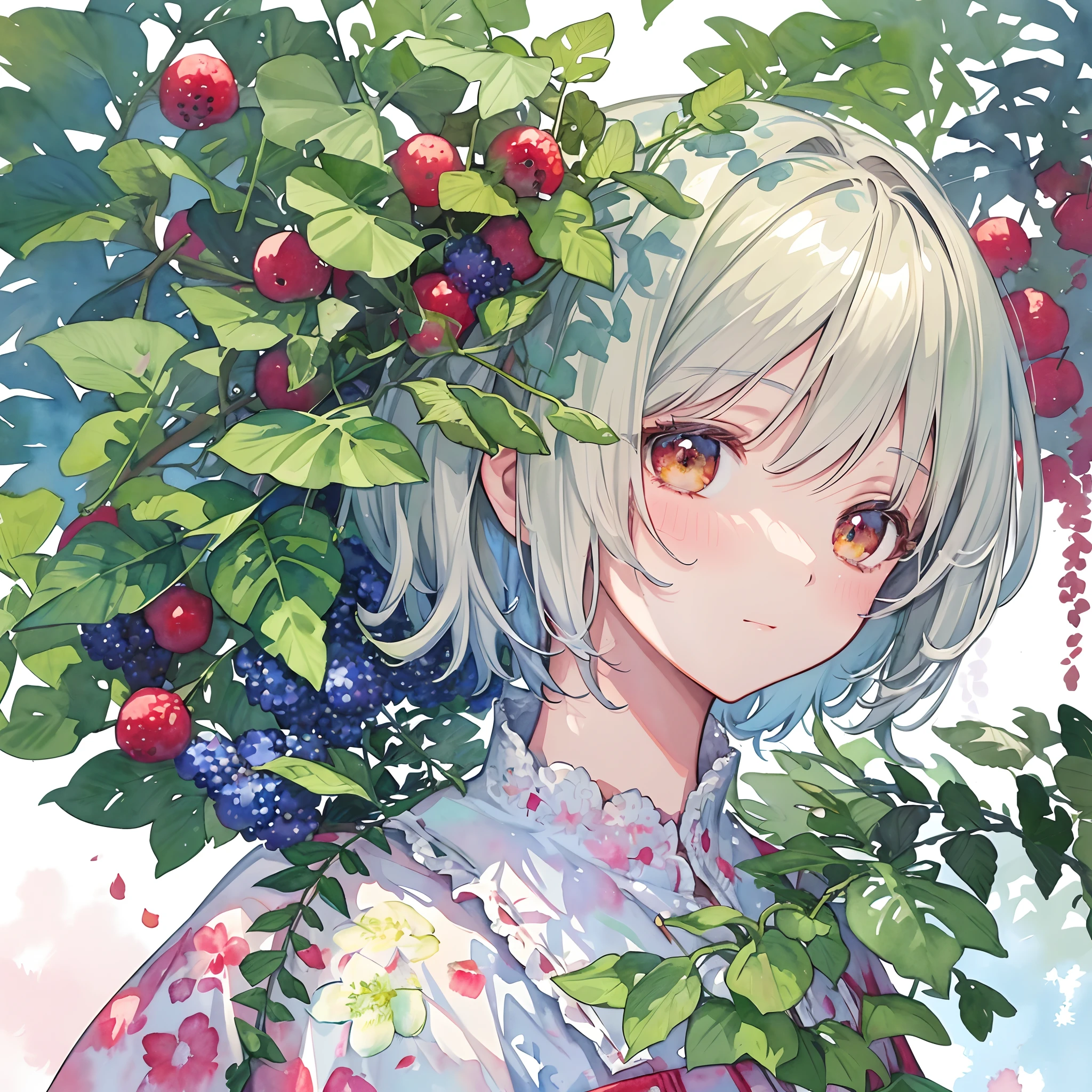 ((super detailed), #3b4195背景, beautiful flowers, berries, ferns, leaves, watercolor pattern of calming colors), (watercolor texture), ((1 girl), short hair, cute,